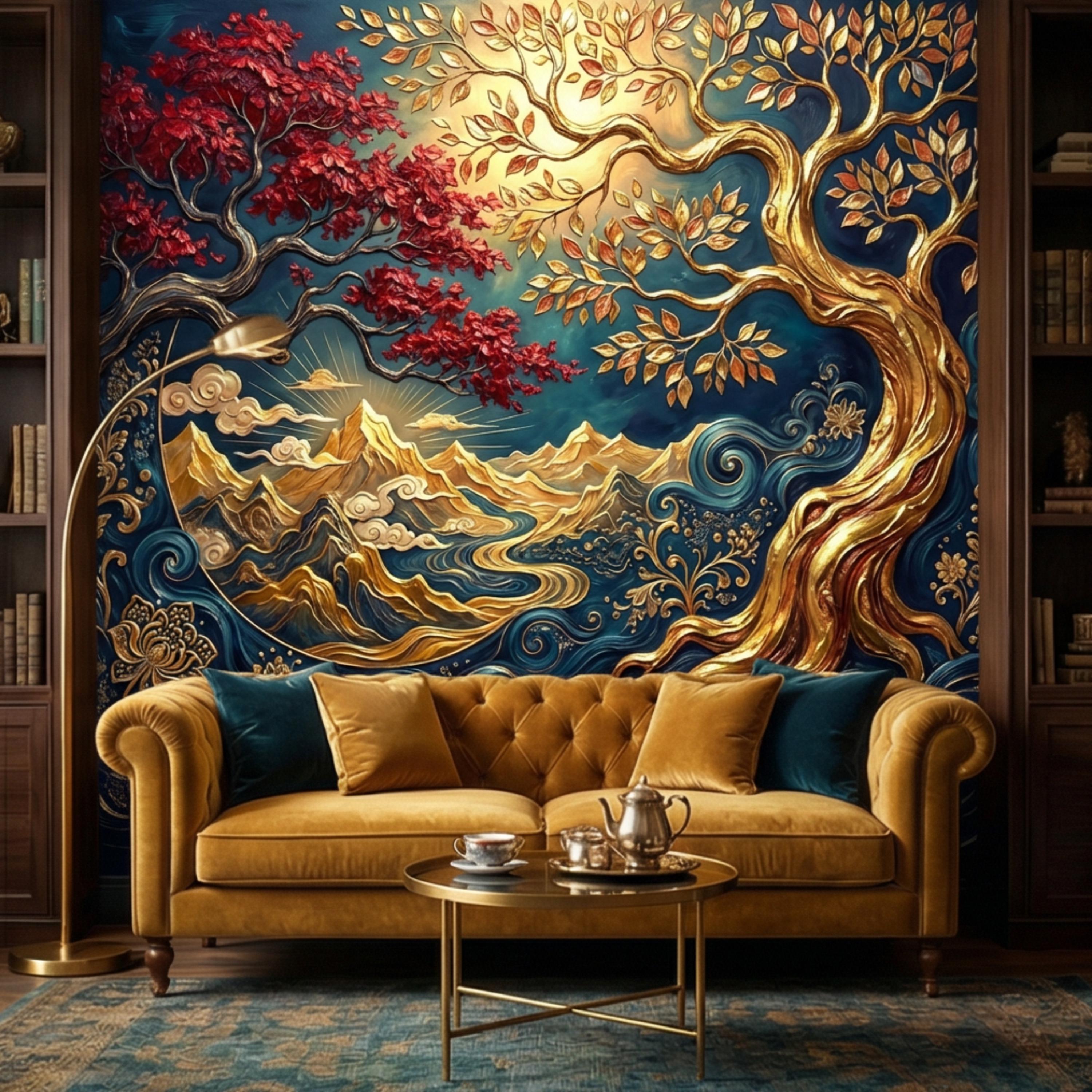 Gold Tree of Life Luxury Art Nouveau Peel and Stick Wall Mural, Blue Mountains River Waves, Fantasy Landscape Wallpaper Decor