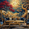 Gold Tree of Life Luxury Art Nouveau Peel and Stick Wall Mural, Blue Mountains River Waves, Fantasy Landscape Wallpaper Decor
