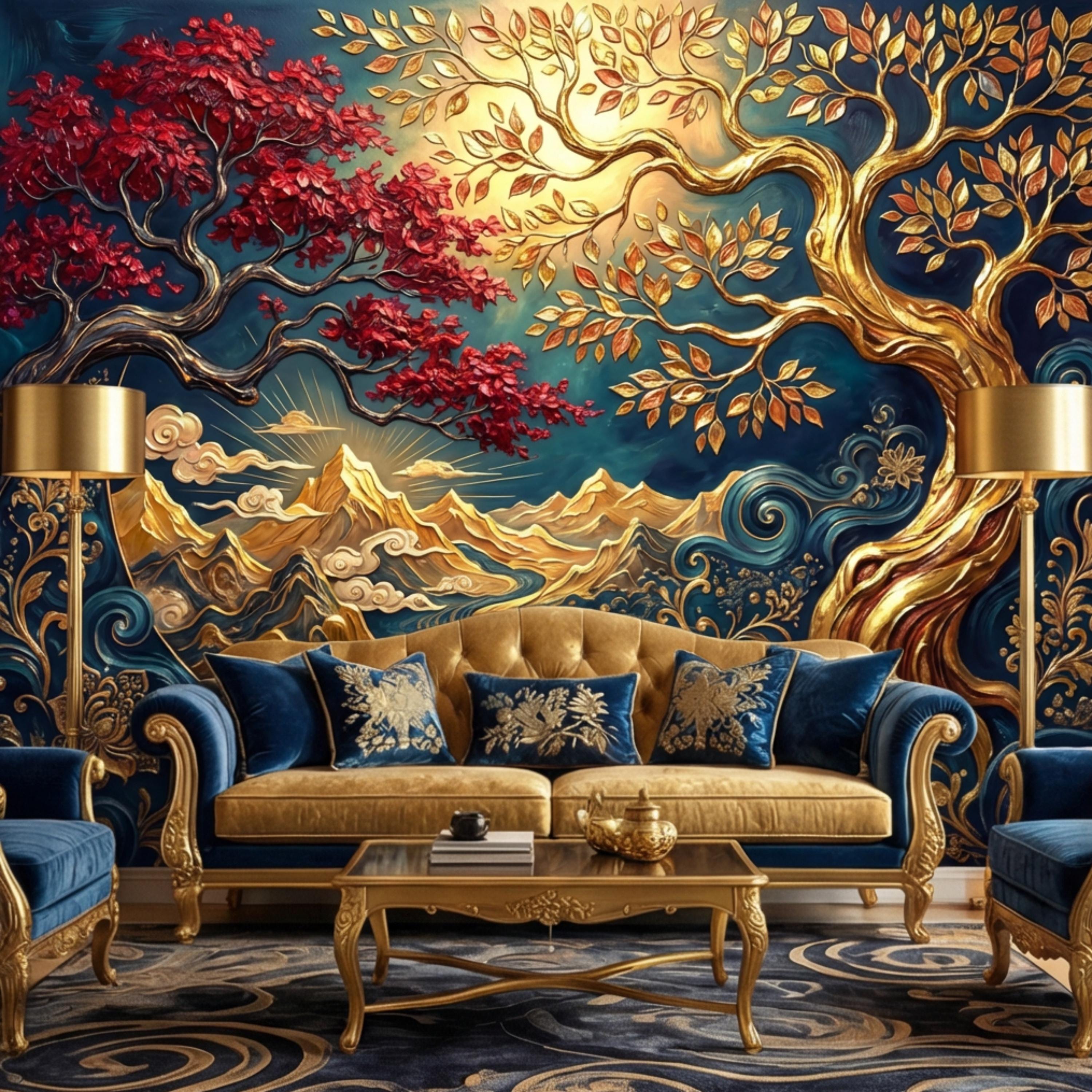 Gold Tree of Life Luxury Art Nouveau Peel and Stick Wall Mural, Blue Mountains River Waves, Fantasy Landscape Wallpaper Decor