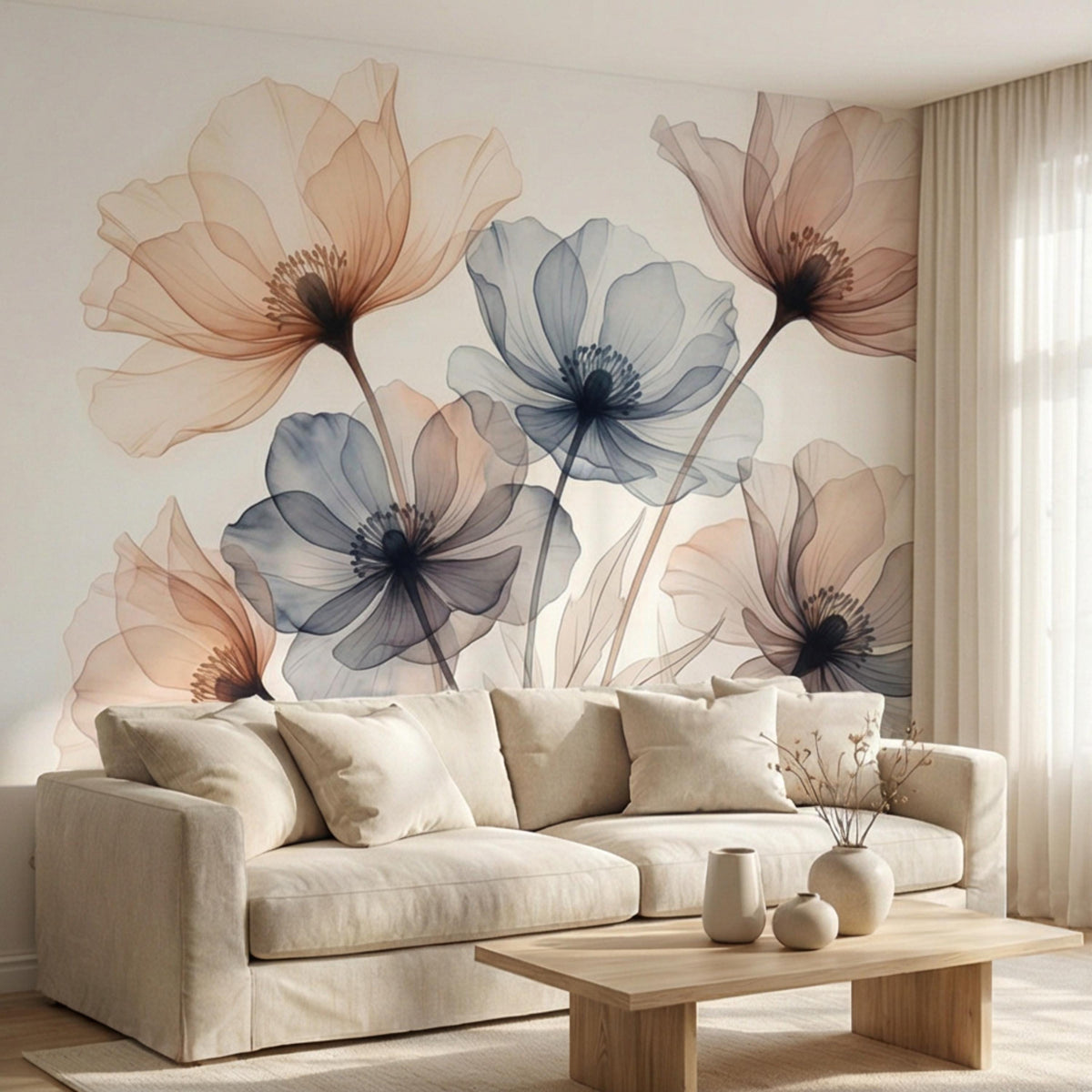 Pastel watercolor floral wall mural with large peach, blue, and beige blooms on a neutral wall