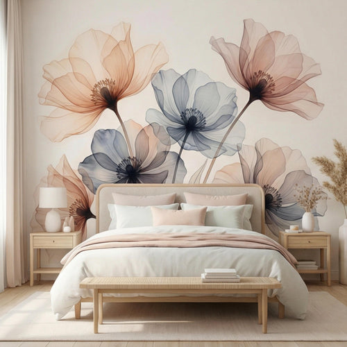 Pastel botanical floral wall mural featuring peach and blue flowers with delicate stems on neutral wall