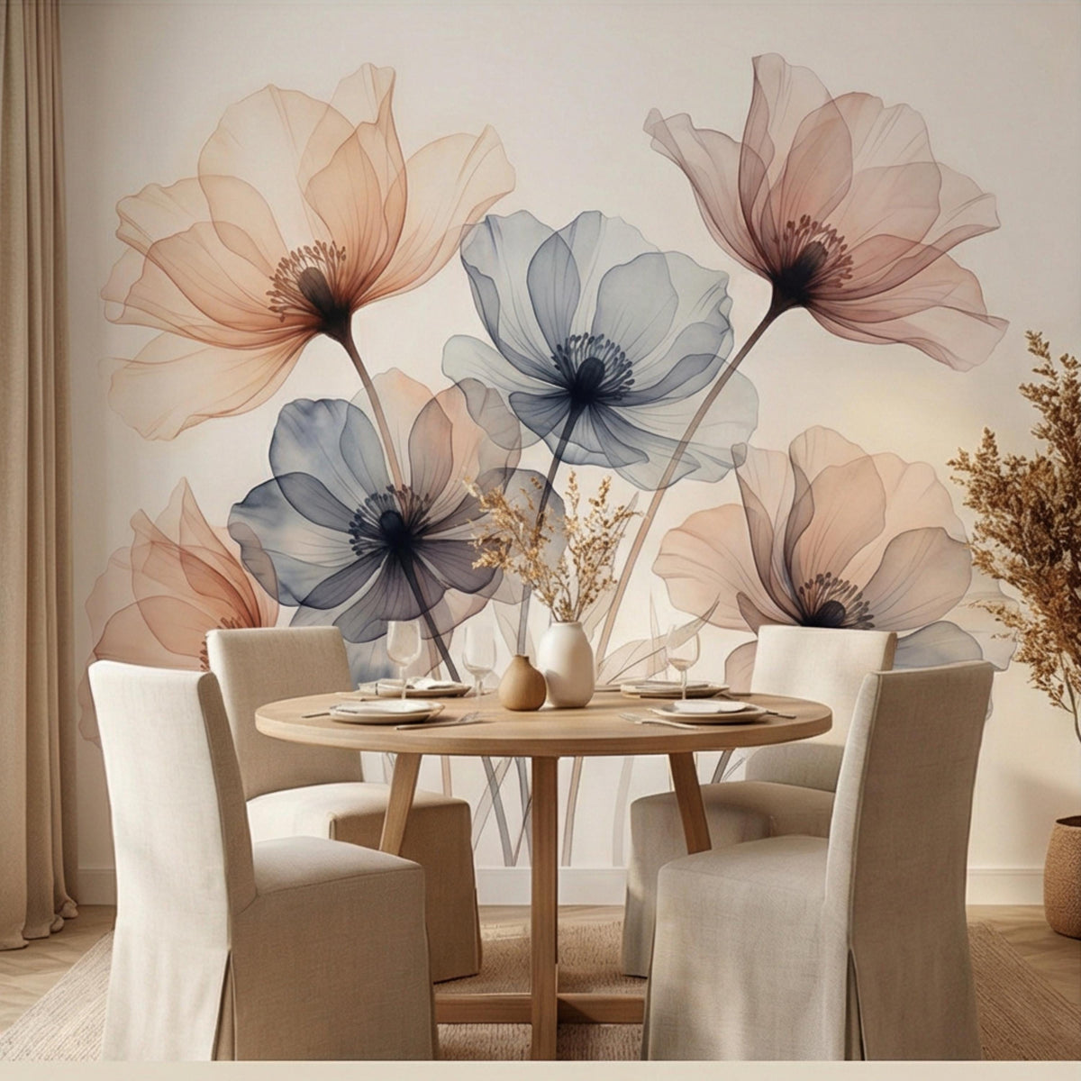 Watercolor floral wall mural with layered peach and blue blossoms on a light neutral background