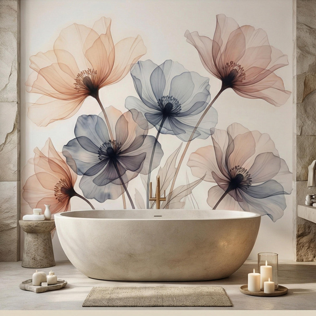 Large pastel floral wall mural with peach, blue, and blush flowers and stems on neutral wall