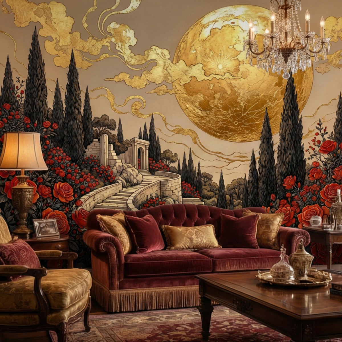 Wall mural with golden moon globe, winding stone steps, and red rose and cypress landscape