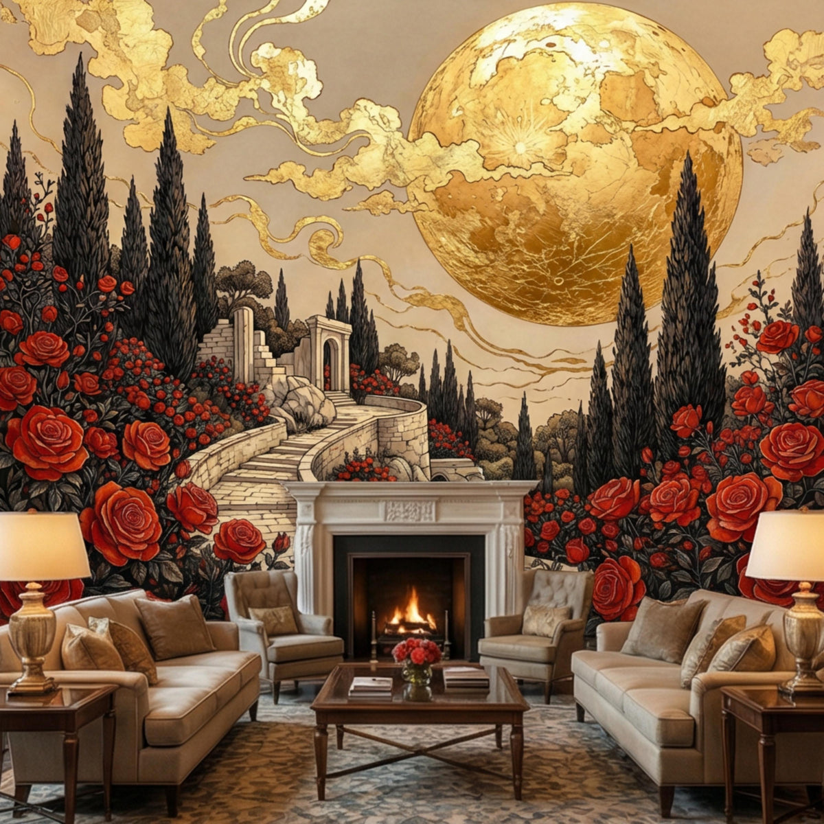 Wall mural with golden moon globe, rose bushes, and a curved stone path to distant buildings