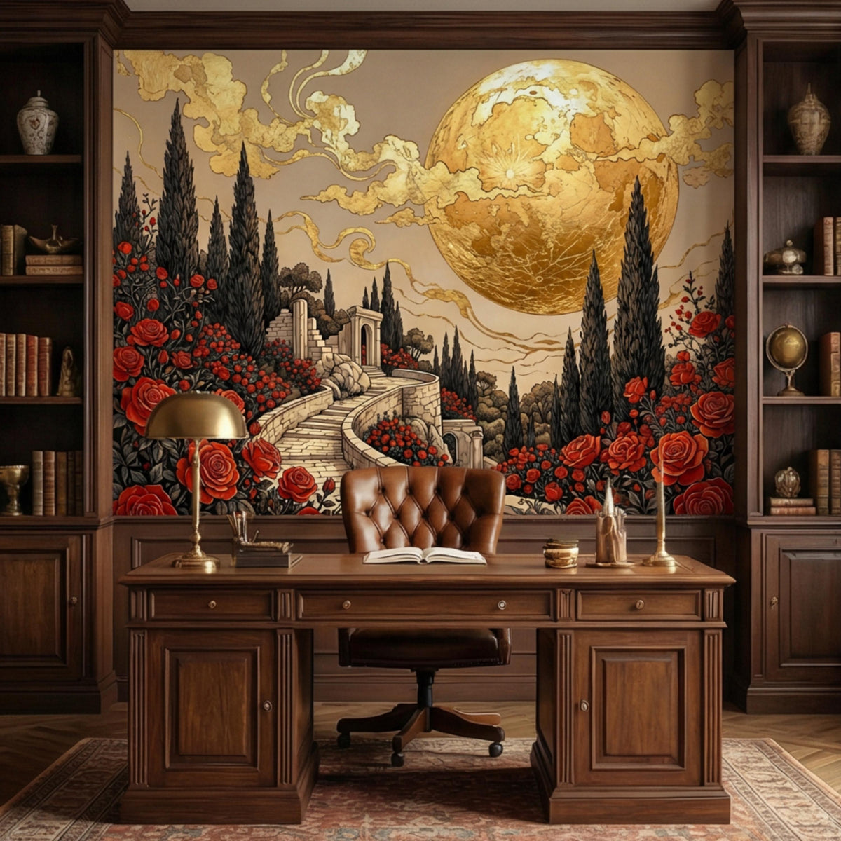 Wall mural showing golden globe moon above a rose-lined stone path with tall cypress