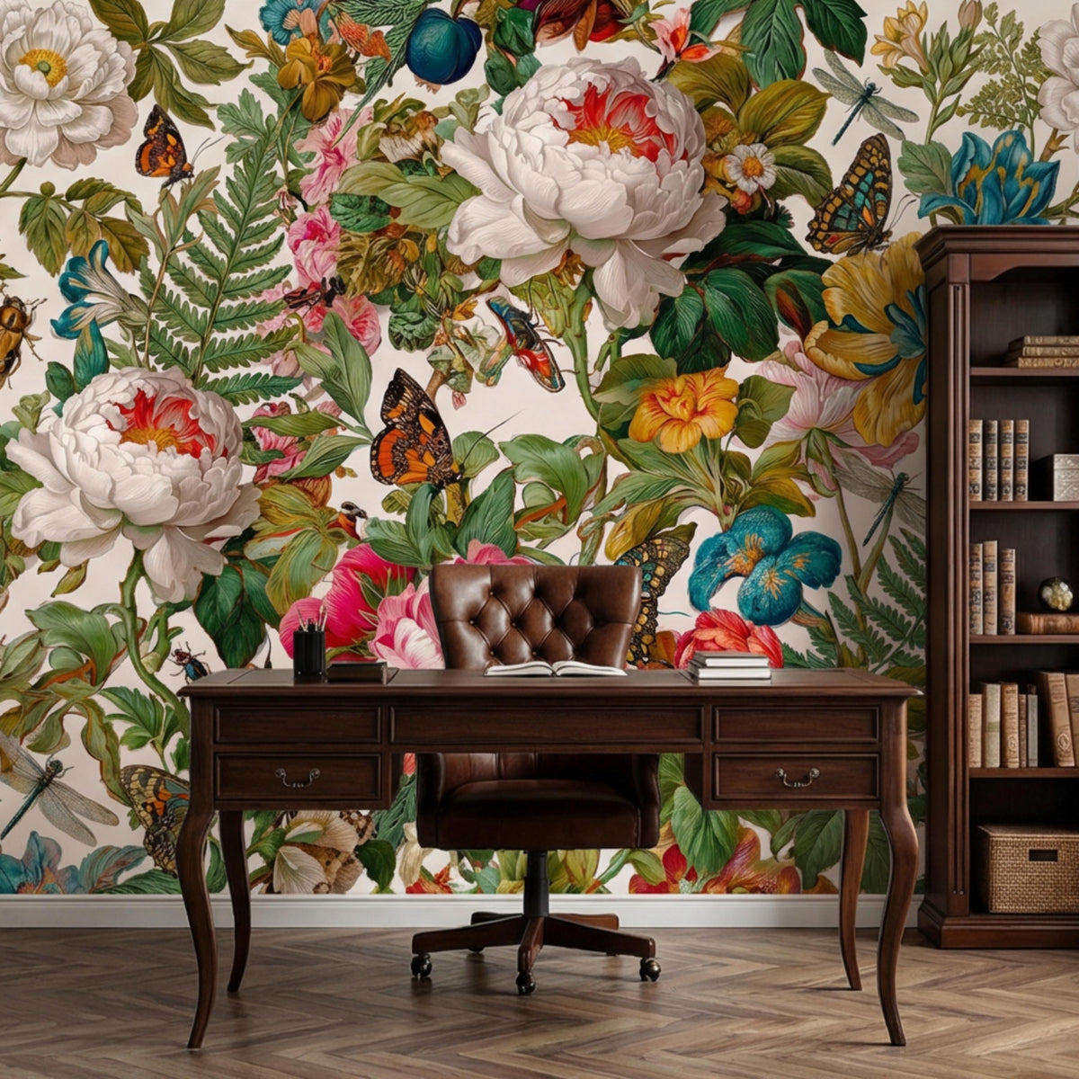 Botanical peony wall mural with layered flowers, butterflies, and green foliage