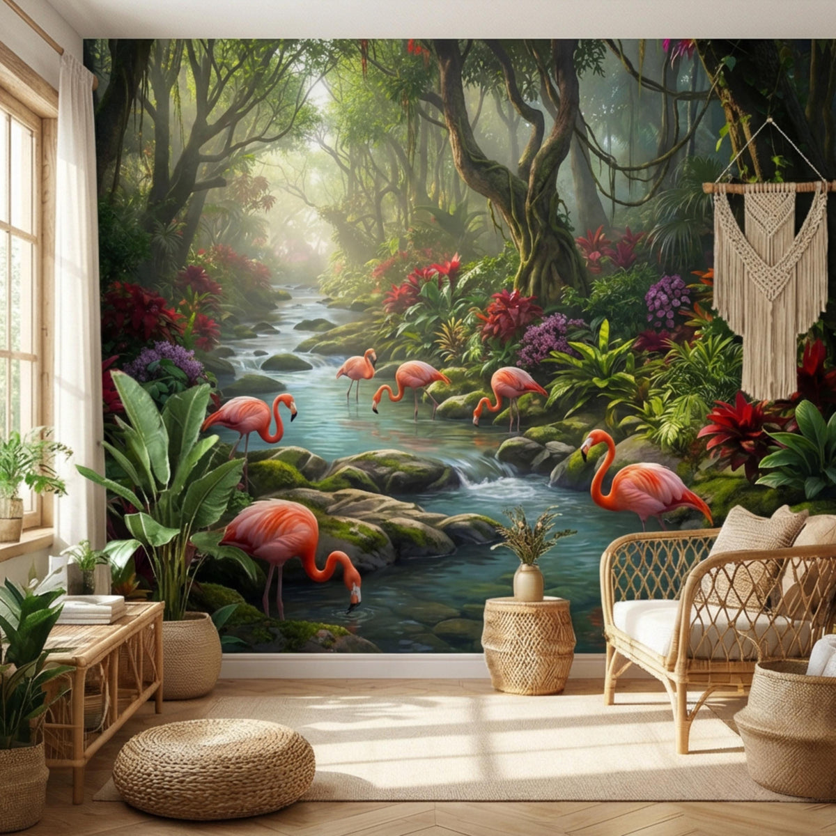Tropical jungle wall mural with river, lush foliage, and pink flamingos across water