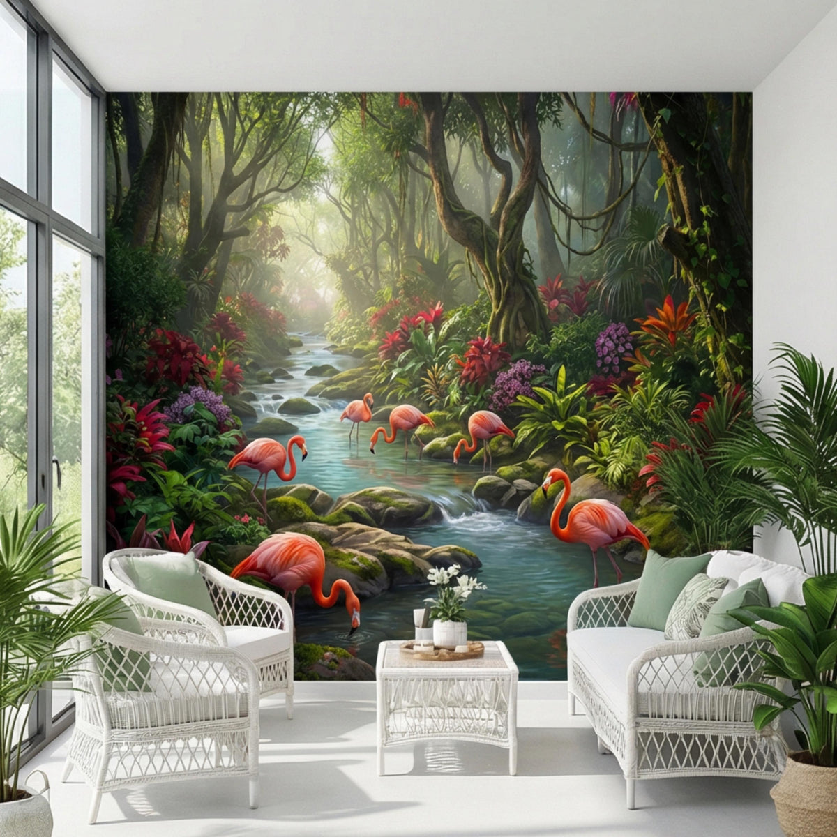 Tropical rainforest wall mural with glowing river light, vines, and pink flamingos