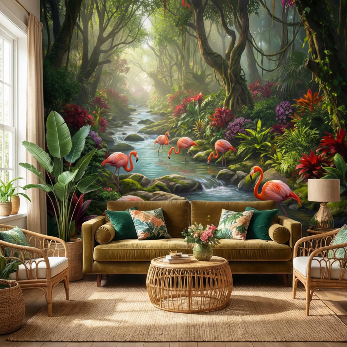Rainforest river wall mural with tall trees, dense plants, and orange-pink flamingos