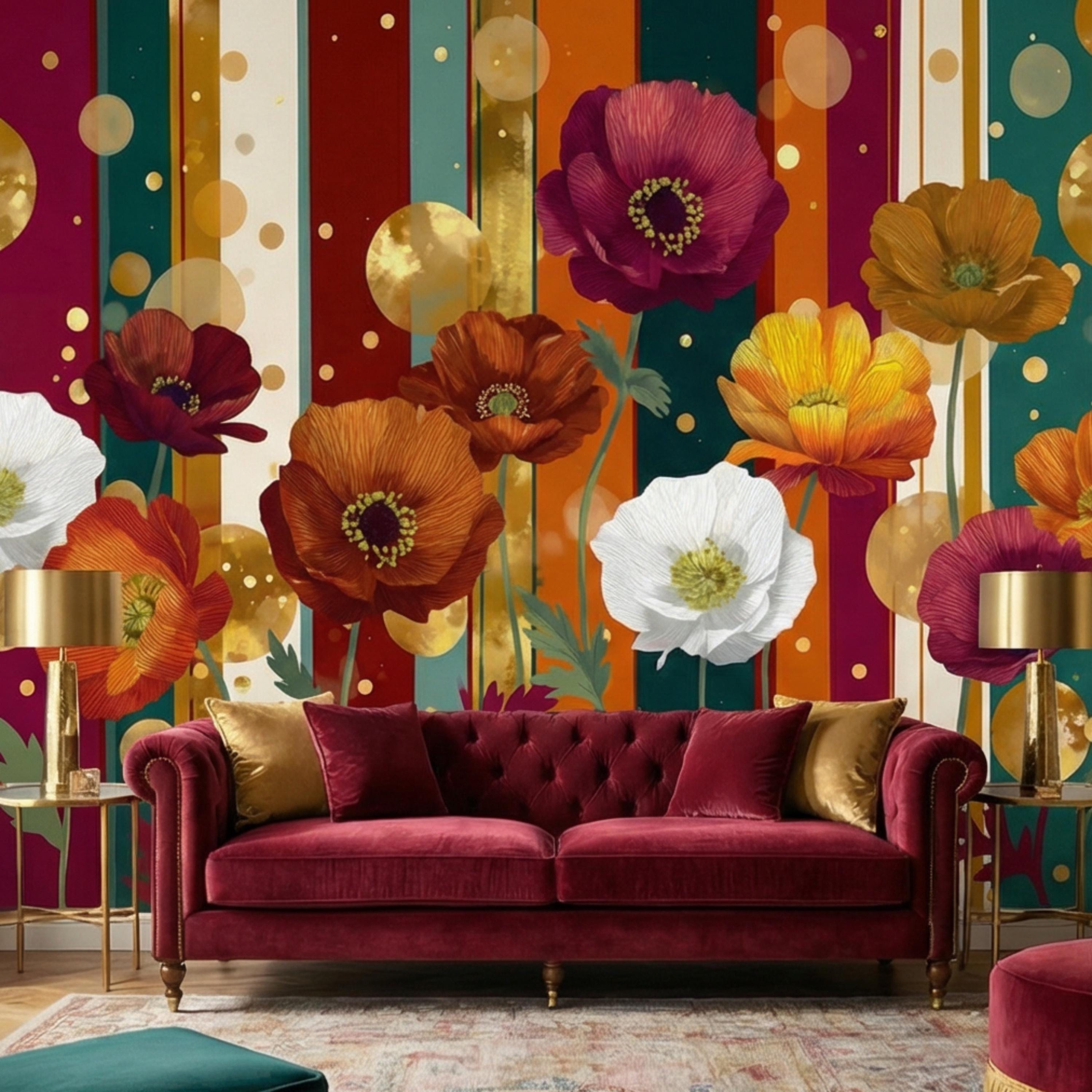 Colorful Striped Retro Poppy Flowers Peel and Stick Wall Mural, Mid Century Modern Floral Wallpaper