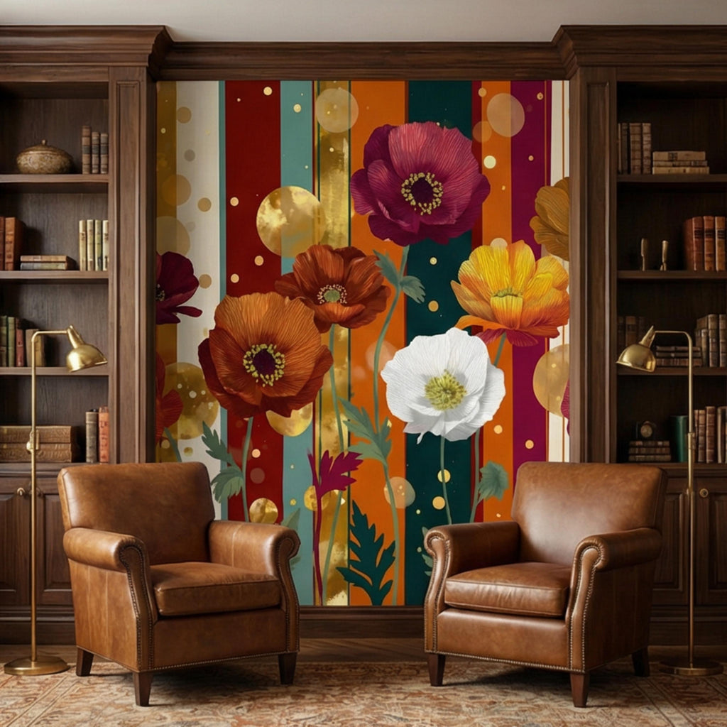 Colorful Striped Retro Poppy Flowers Peel and Stick Wall Mural, Mid Century Modern Floral Wallpaper