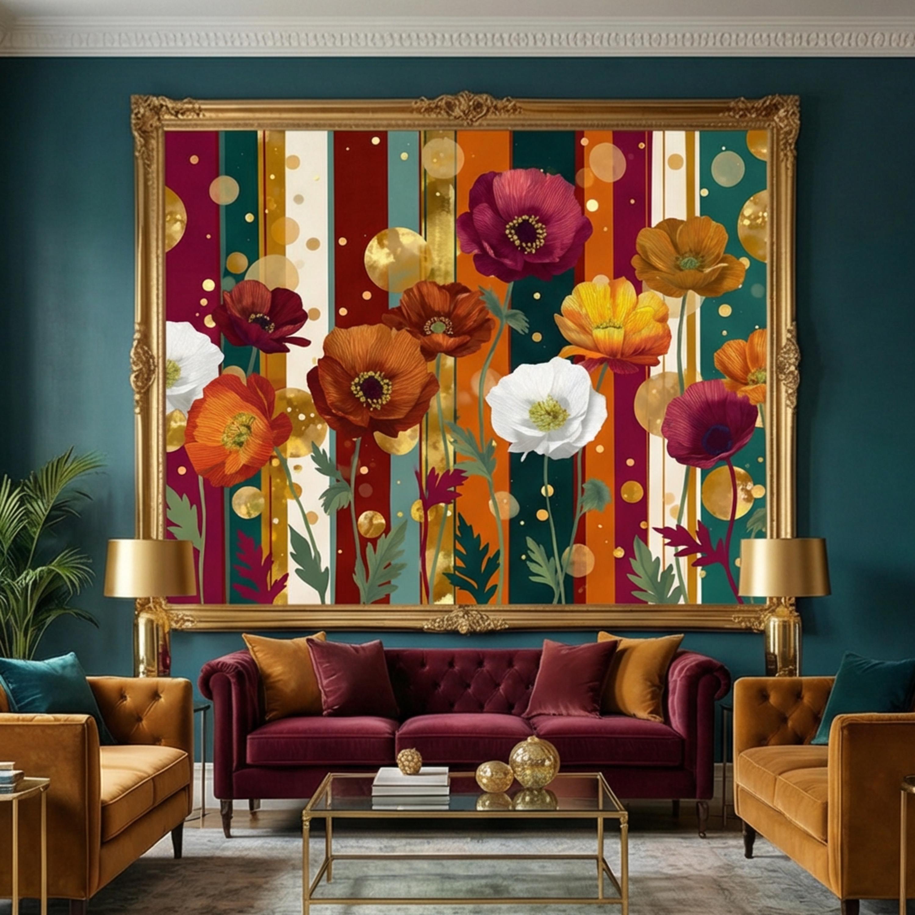 Colorful Striped Retro Poppy Flowers Peel and Stick Wall Mural, Mid Century Modern Floral Wallpaper