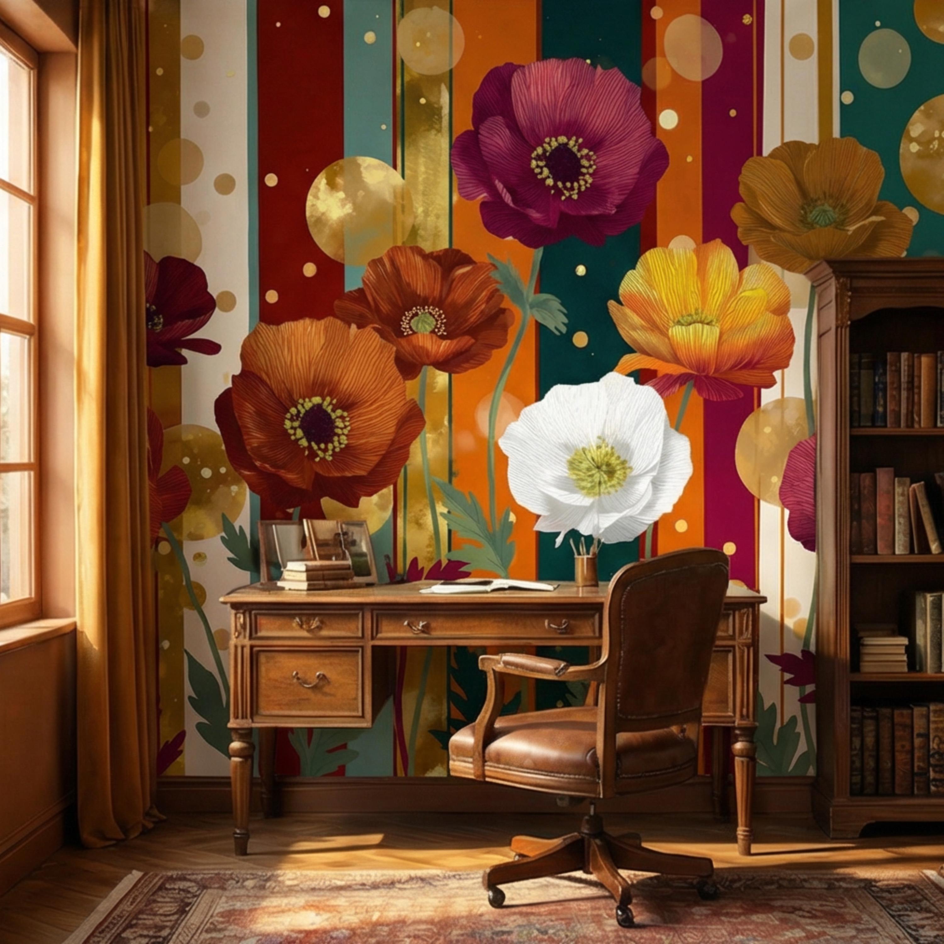 Colorful Striped Retro Poppy Flowers Peel and Stick Wall Mural, Mid Century Modern Floral Wallpaper