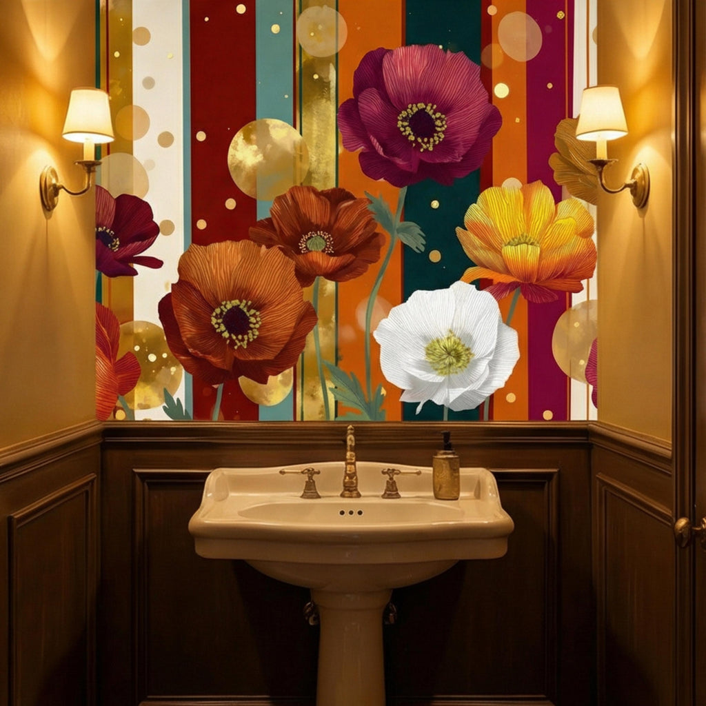 Colorful Striped Retro Poppy Flowers Peel and Stick Wall Mural, Mid Century Modern Floral Wallpaper
