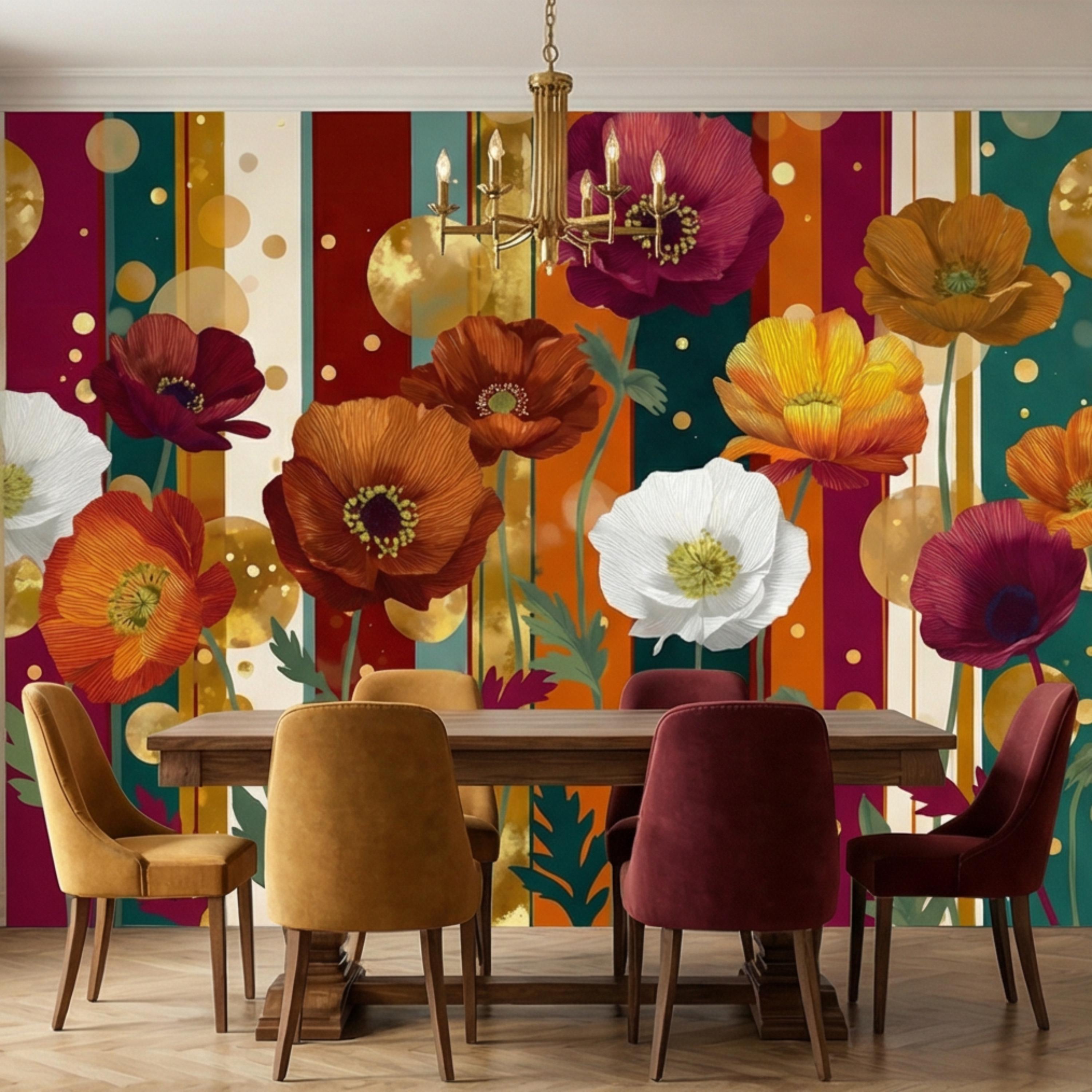 Colorful Striped Retro Poppy Flowers Peel and Stick Wall Mural, Mid Century Modern Floral Wallpaper