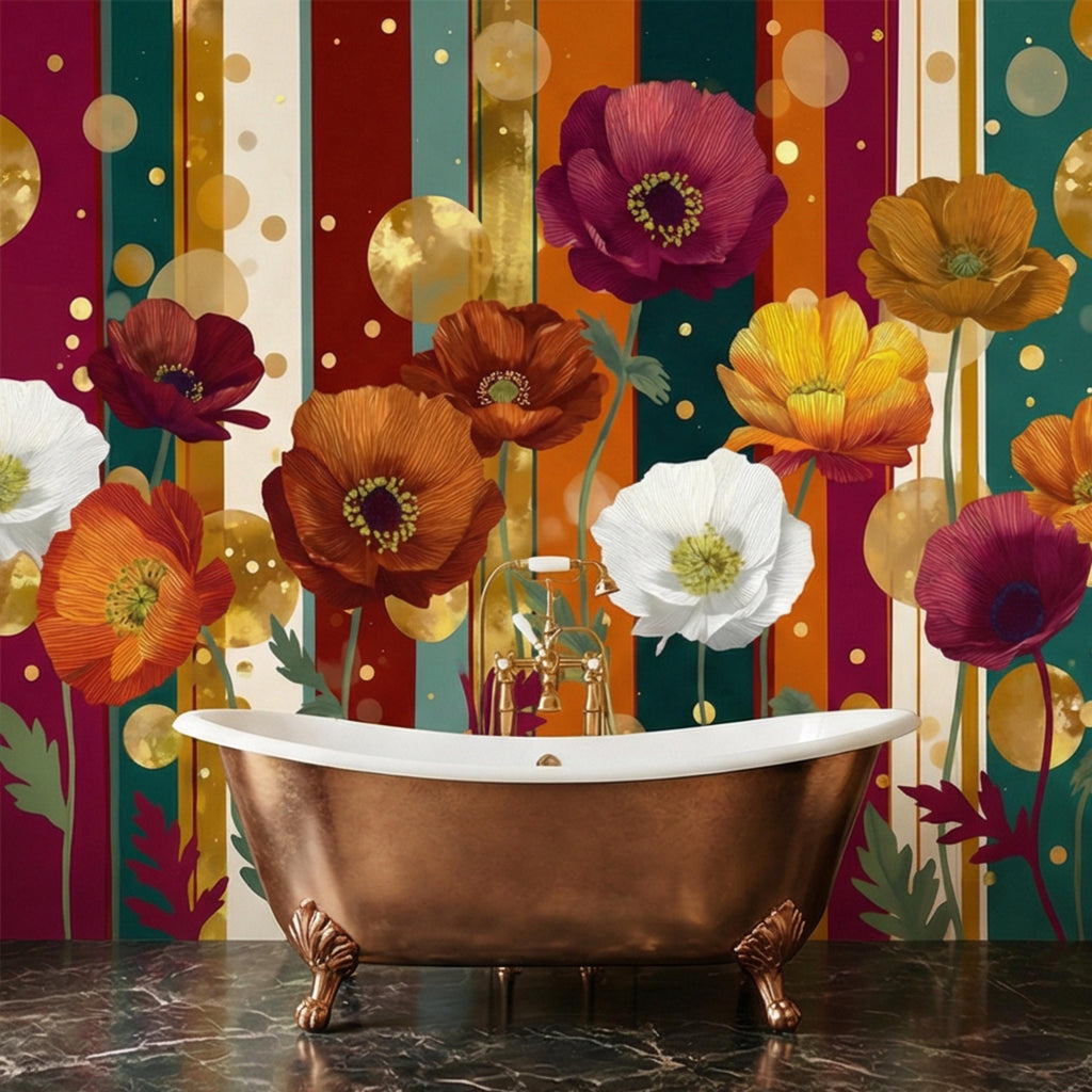 Colorful Striped Retro Poppy Flowers Peel and Stick Wall Mural, Mid Century Modern Floral Wallpaper