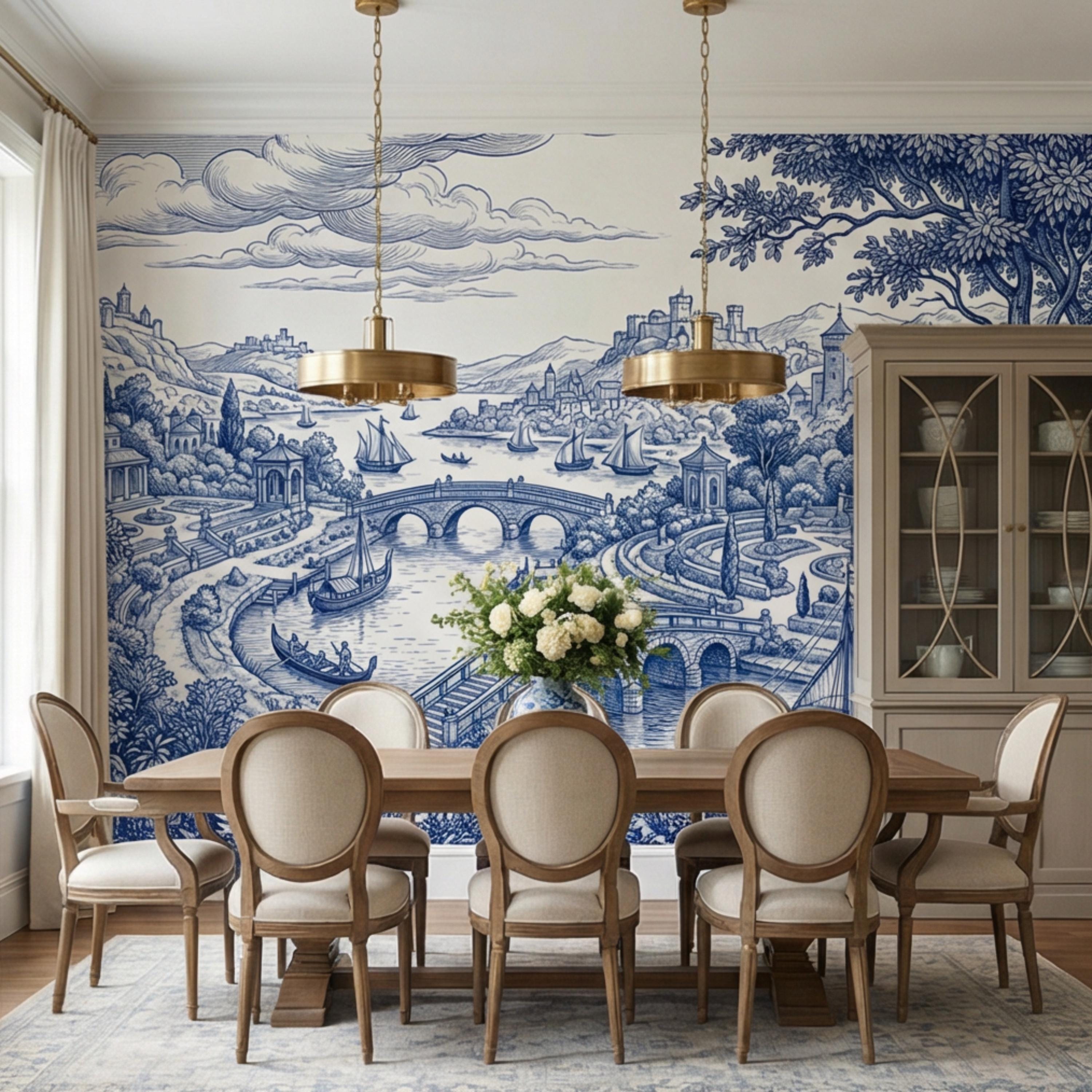Blue Toile de Jouy Scenic Landscape Peel and Stick Wall Mural, Vintage French Country River Bridge Castle View Wallpaper