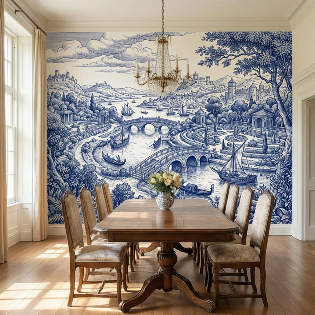 Blue Toile de Jouy Scenic Landscape Peel and Stick Wall Mural, Vintage French Country River Bridge Castle View Wallpaper