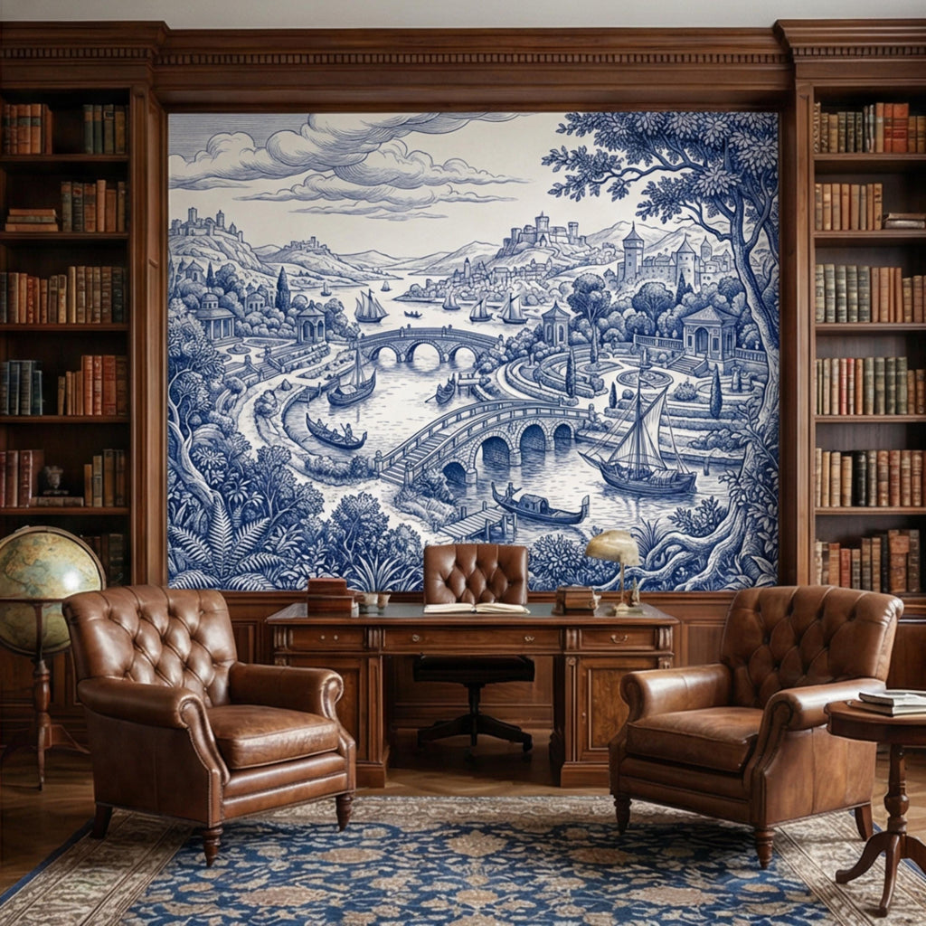 Blue Toile de Jouy Scenic Landscape Peel and Stick Wall Mural, Vintage French Country River Bridge Castle View Wallpaper