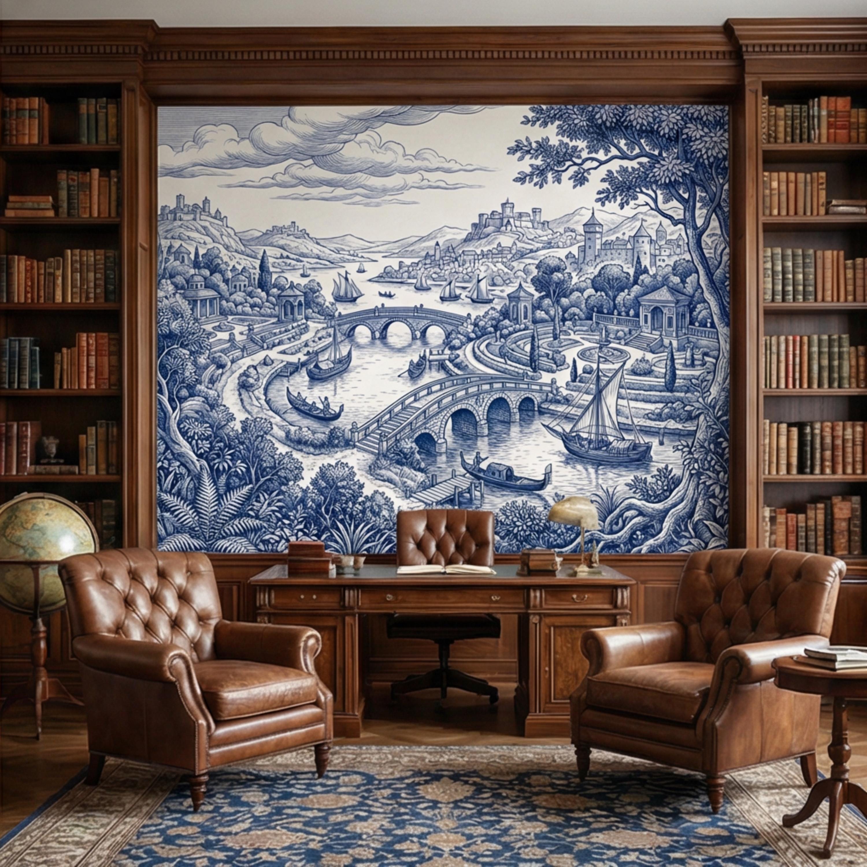 Blue Toile de Jouy Scenic Landscape Peel and Stick Wall Mural, Vintage French Country River Bridge Castle View Wallpaper