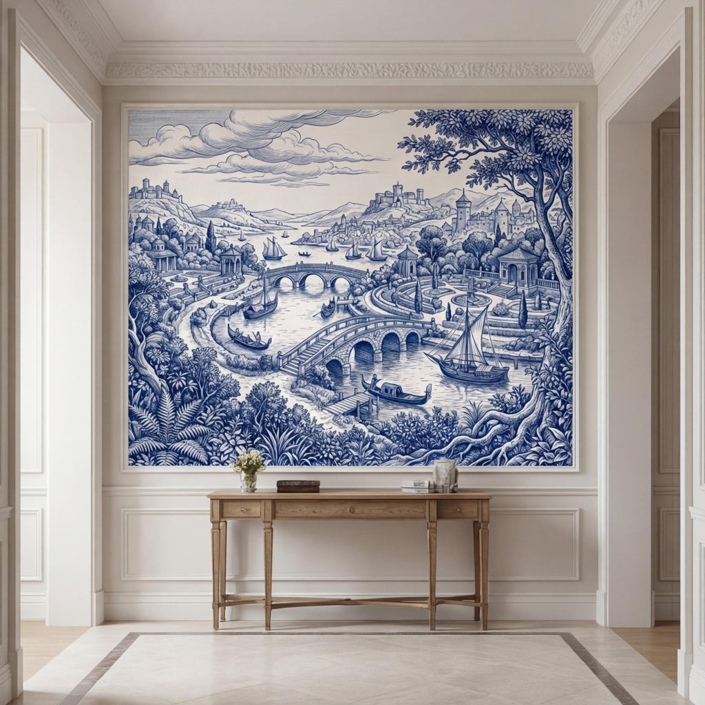 Blue Toile de Jouy Scenic Landscape Peel and Stick Wall Mural, Vintage French Country River Bridge Castle View Wallpaper
