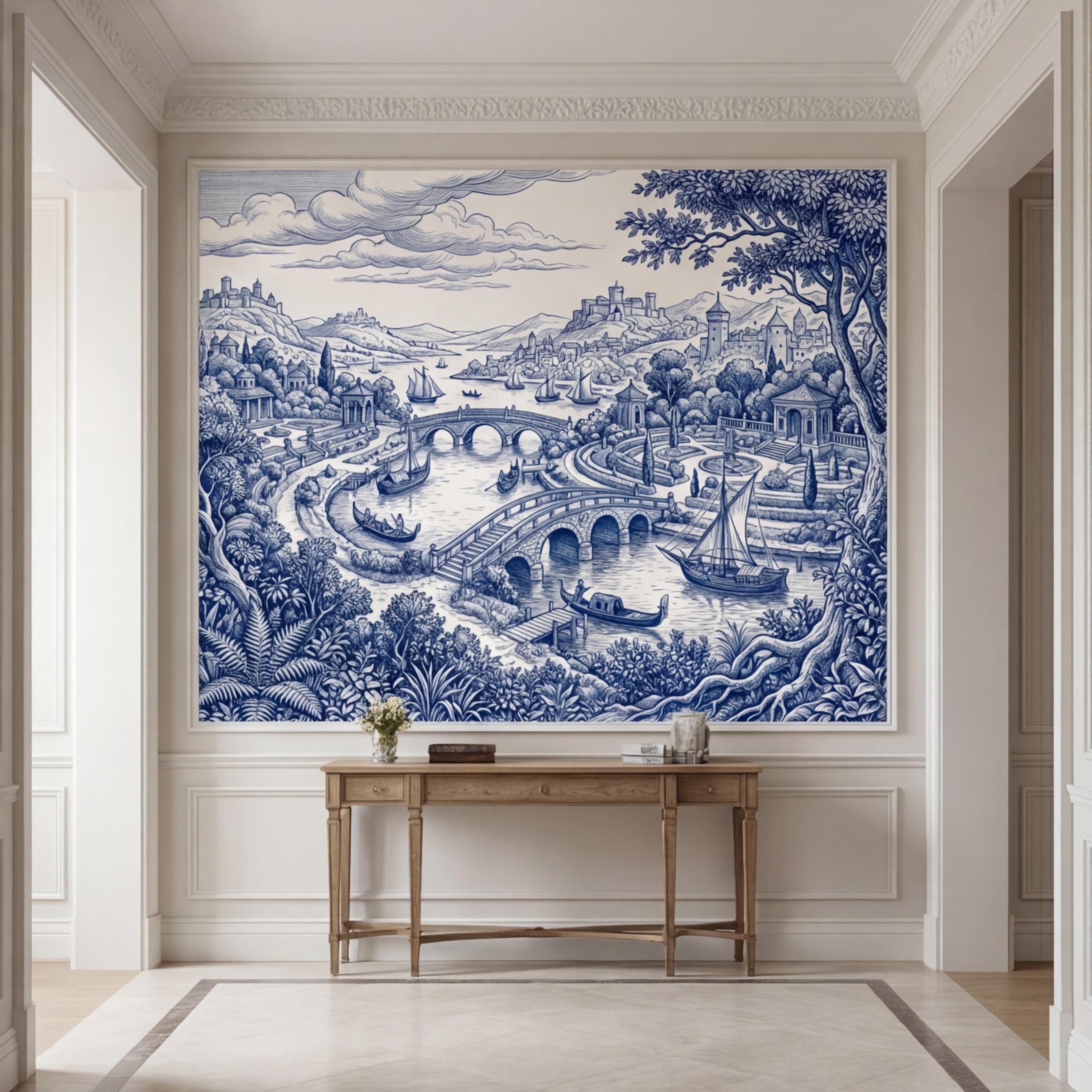 Blue Toile de Jouy Scenic Landscape Peel and Stick Wall Mural, Vintage French Country River Bridge Castle View Wallpaper