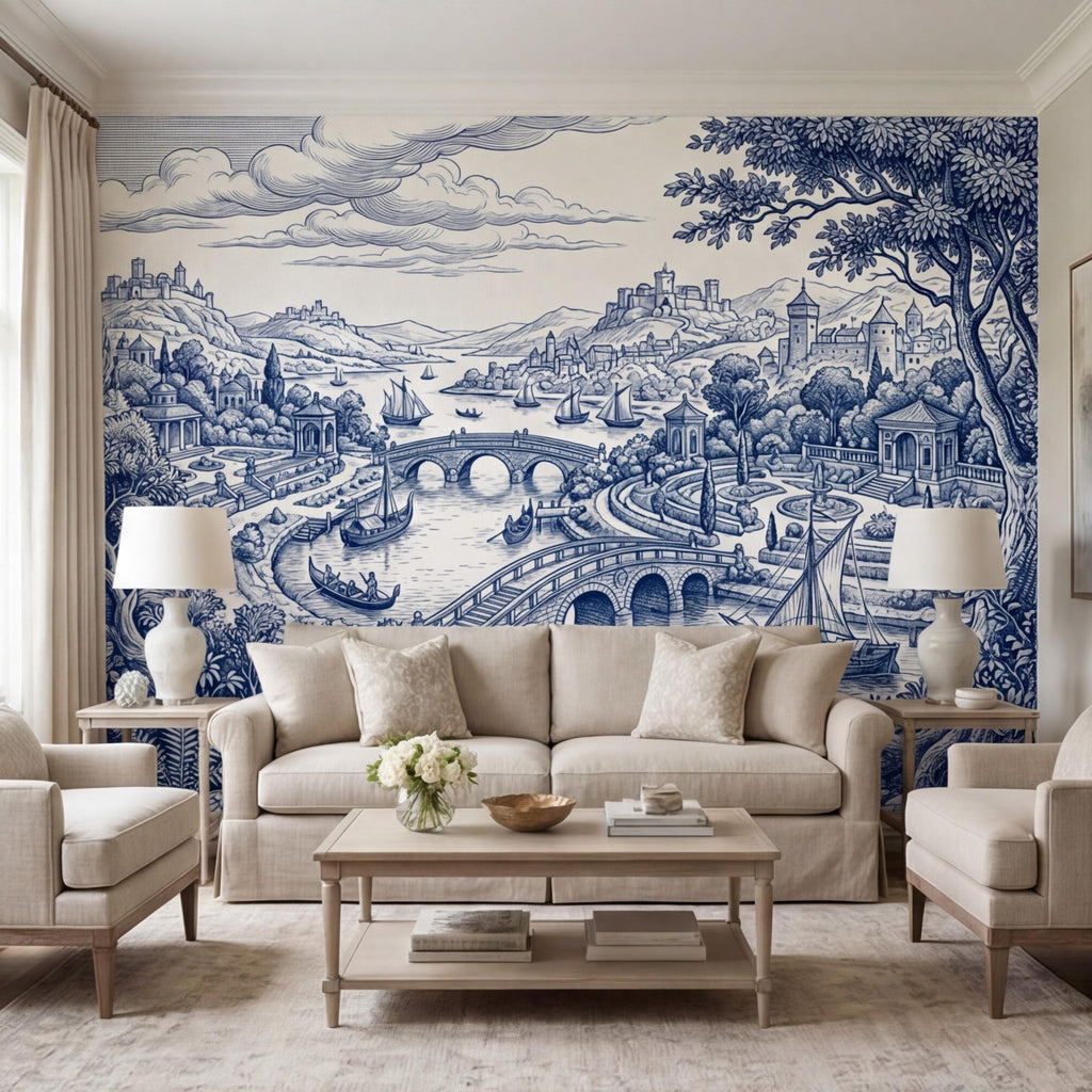 Blue Toile de Jouy Scenic Landscape Peel and Stick Wall Mural, Vintage French Country River Bridge Castle View Wallpaper