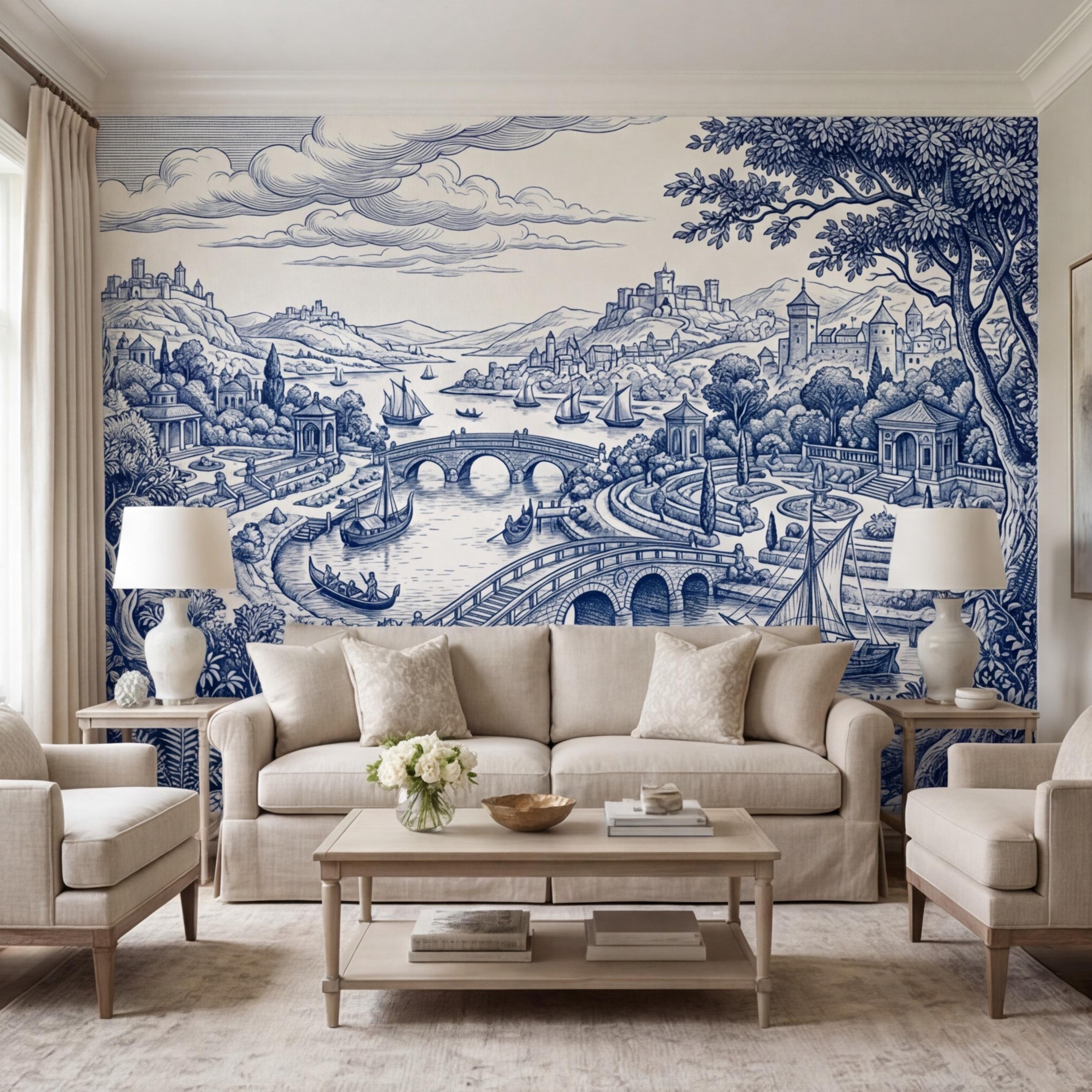 Blue Toile de Jouy Scenic Landscape Peel and Stick Wall Mural, Vintage French Country River Bridge Castle View Wallpaper