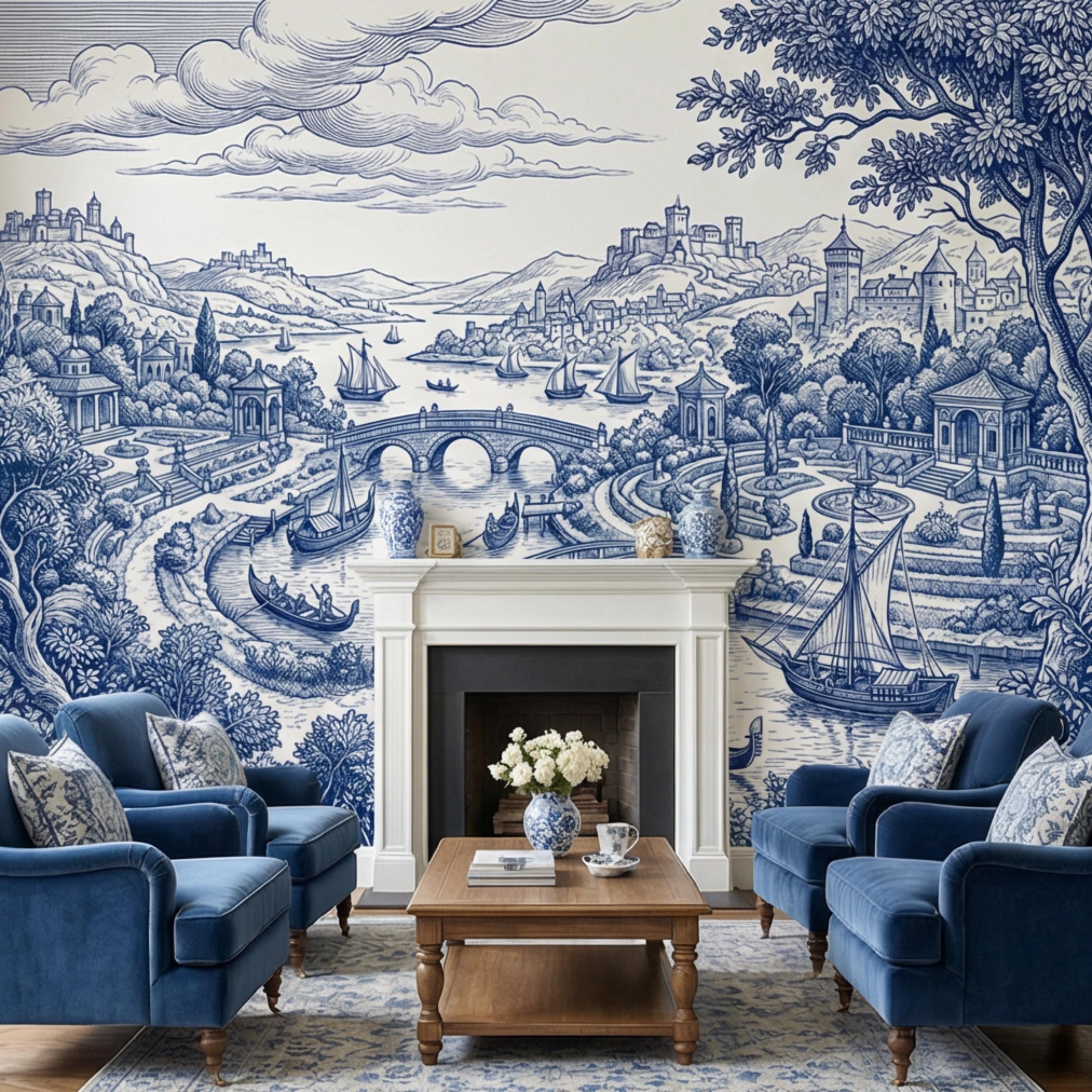 Blue Toile de Jouy Scenic Landscape Peel and Stick Wall Mural, Vintage French Country River Bridge Castle View Wallpaper