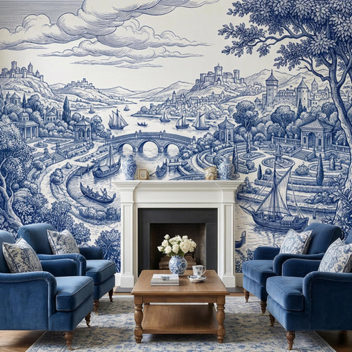 Blue toile de Jouy wall mural with river bridge, sailboats, castle buildings, and tree