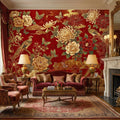 Red Chinoiserie Floral Peony Chrysanthemum Birds & Butterflies Peel and Stick Wall Mural, Traditional Chinoiserie Wallpaper