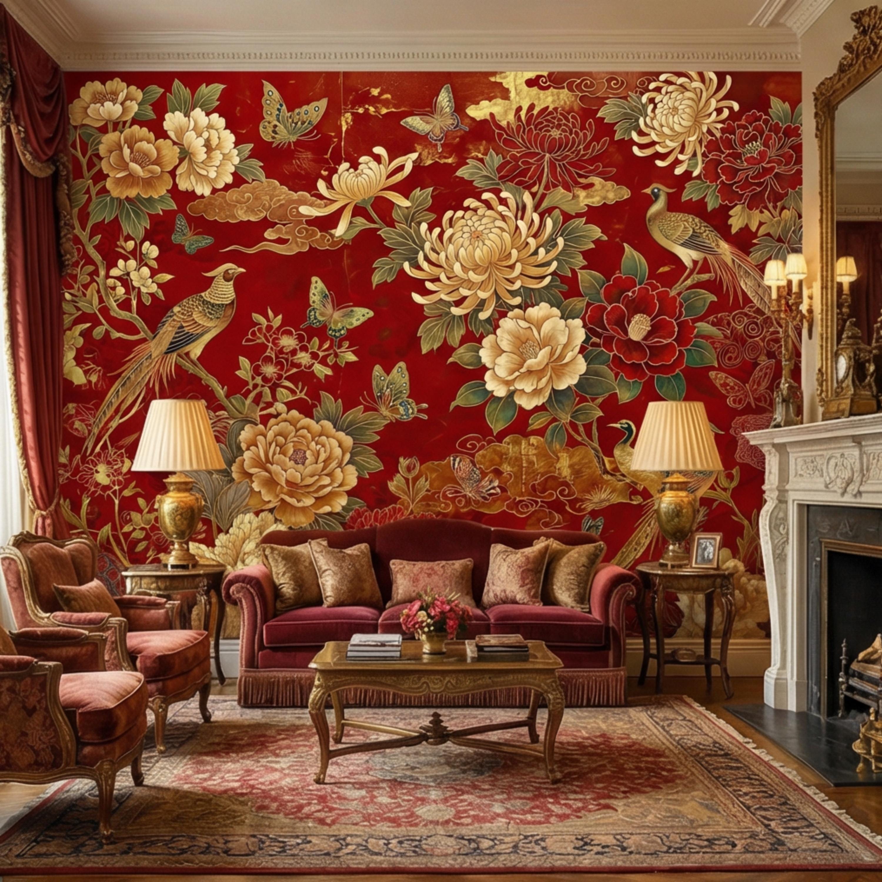 Red Chinoiserie Floral Peony Chrysanthemum Birds & Butterflies Peel and Stick Wall Mural, Traditional Chinoiserie Wallpaper