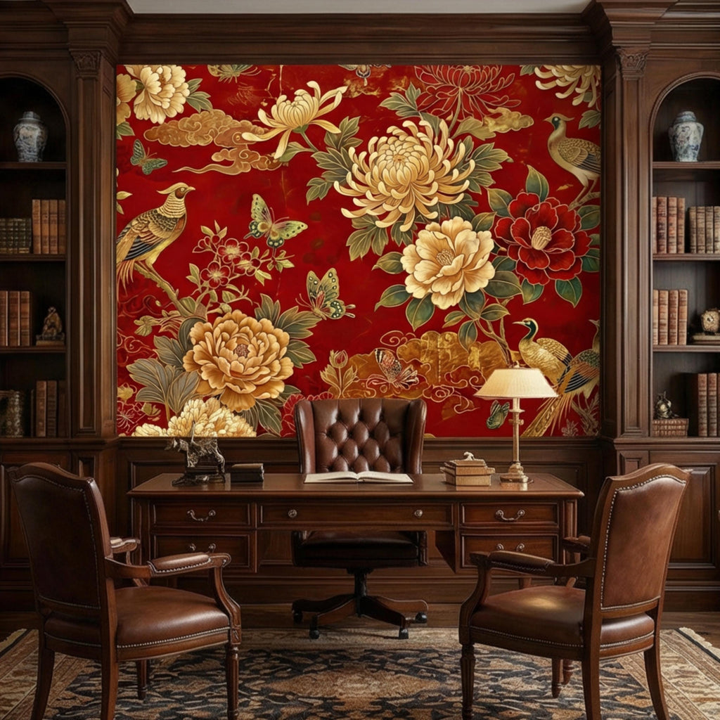 Red Chinoiserie Floral Peony Chrysanthemum Birds & Butterflies Peel and Stick Wall Mural, Traditional Chinoiserie Wallpaper