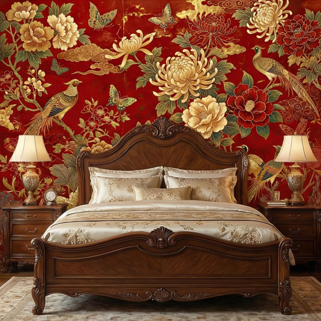 Red Chinoiserie Floral Peony Chrysanthemum Birds & Butterflies Peel and Stick Wall Mural, Traditional Chinoiserie Wallpaper