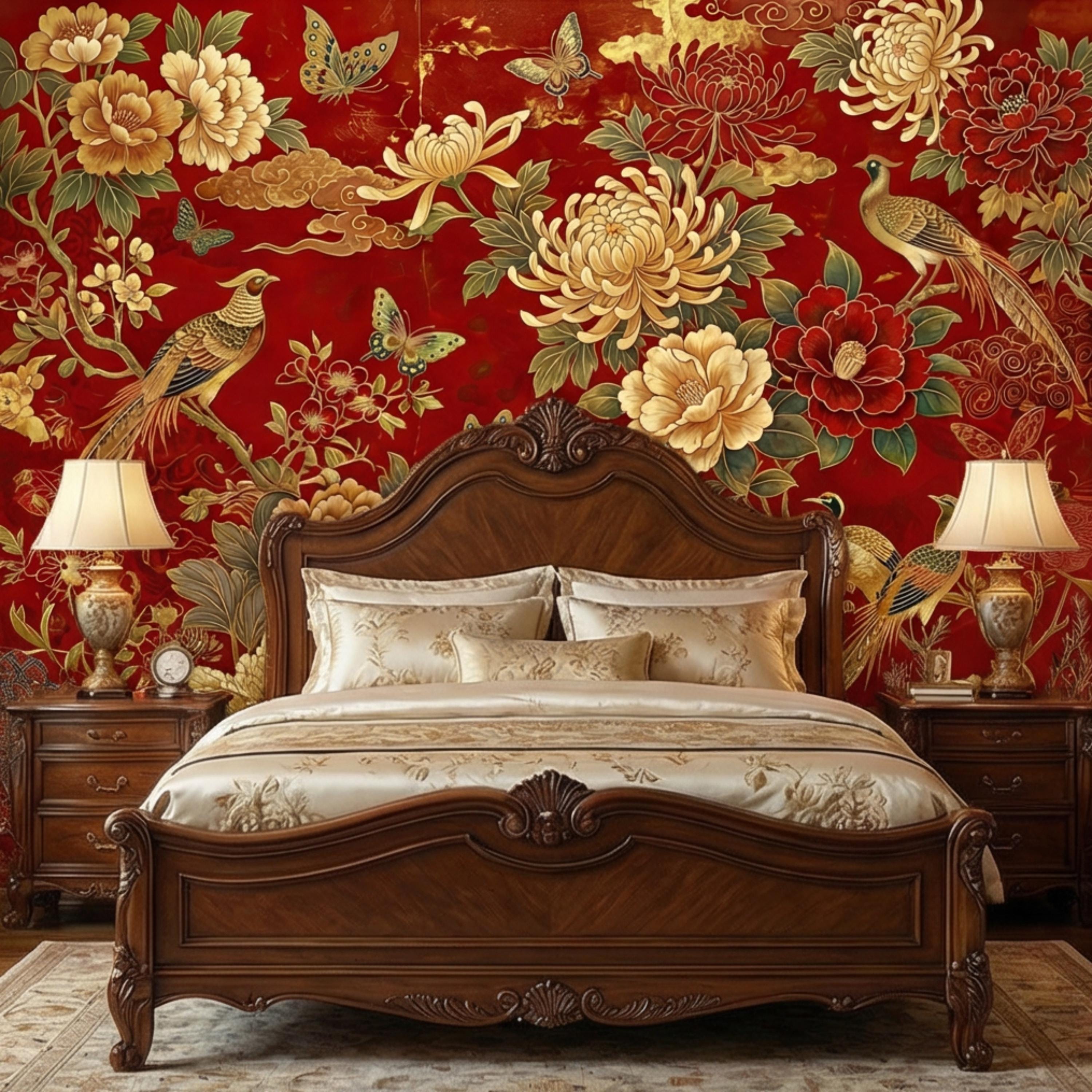 Red Chinoiserie Floral Peony Chrysanthemum Birds & Butterflies Peel and Stick Wall Mural, Traditional Chinoiserie Wallpaper