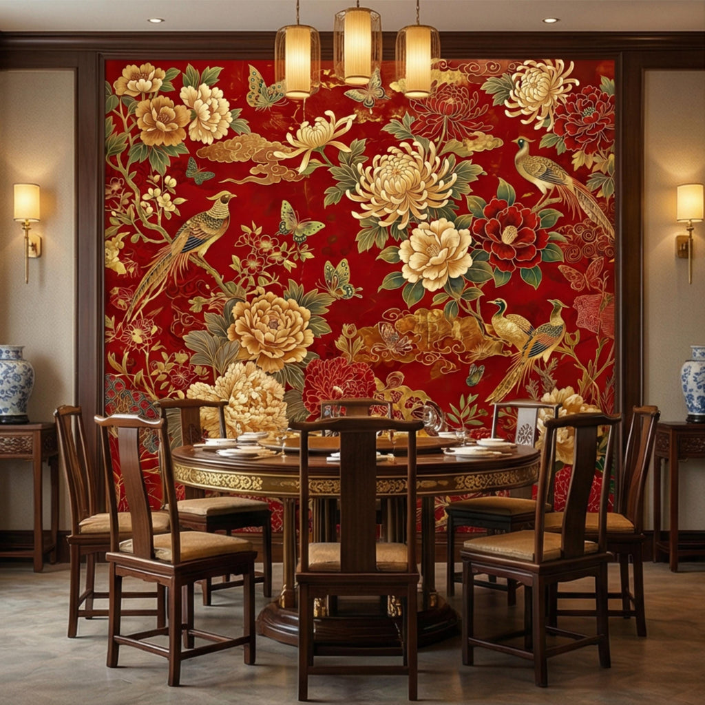 Red Chinoiserie Floral Peony Chrysanthemum Birds & Butterflies Peel and Stick Wall Mural, Traditional Chinoiserie Wallpaper