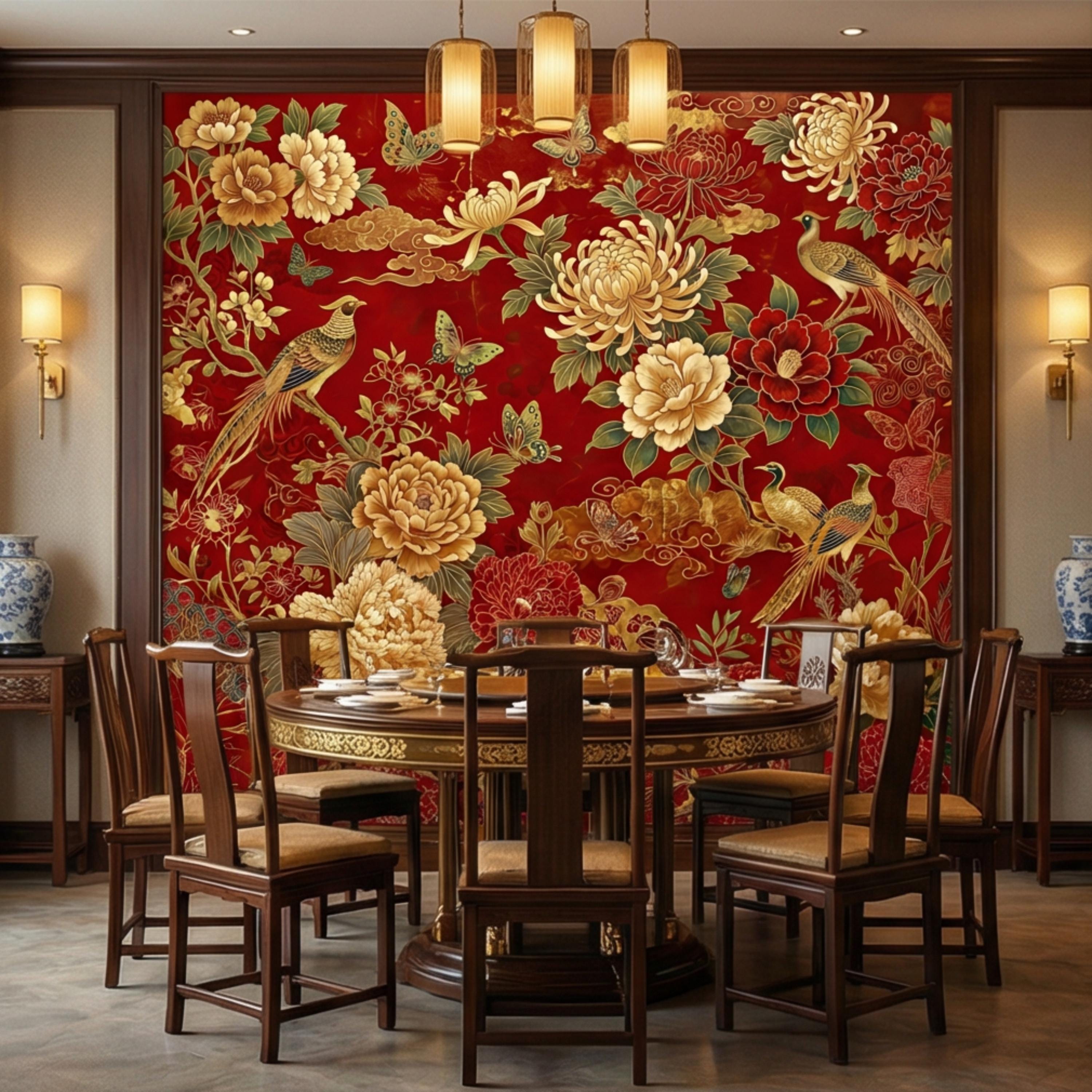 Red Chinoiserie Floral Peony Chrysanthemum Birds & Butterflies Peel and Stick Wall Mural, Traditional Chinoiserie Wallpaper