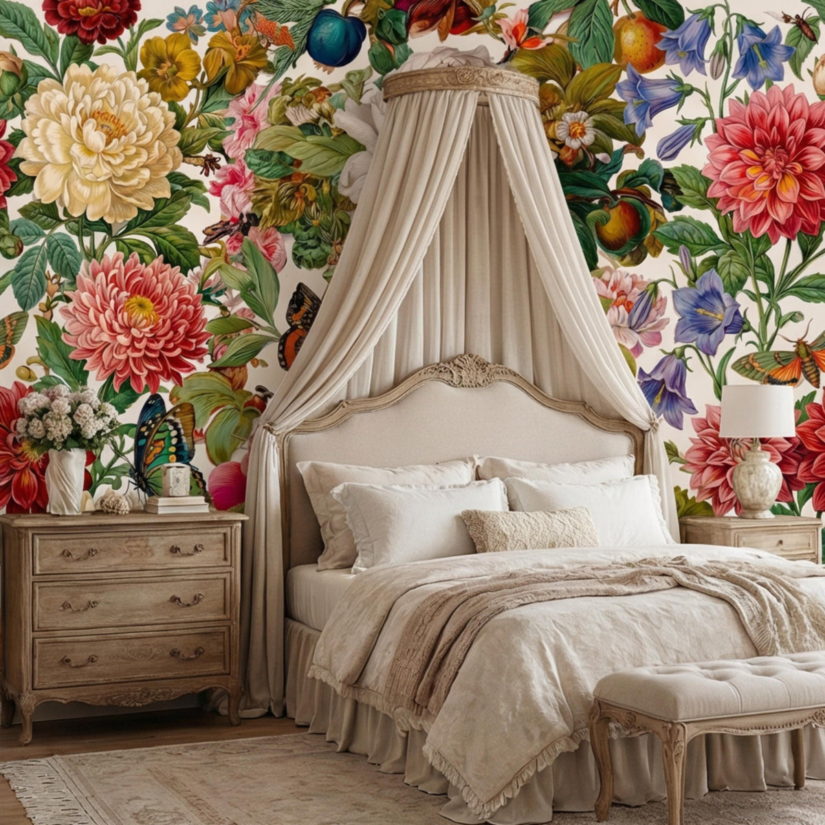 Botanical floral wall mural with multicolor flowers, butterflies, and green leaves
