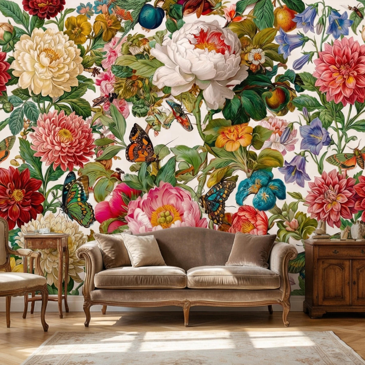 Botanical floral wall mural with large peonies, dahlia blooms, and colorful butterflies
