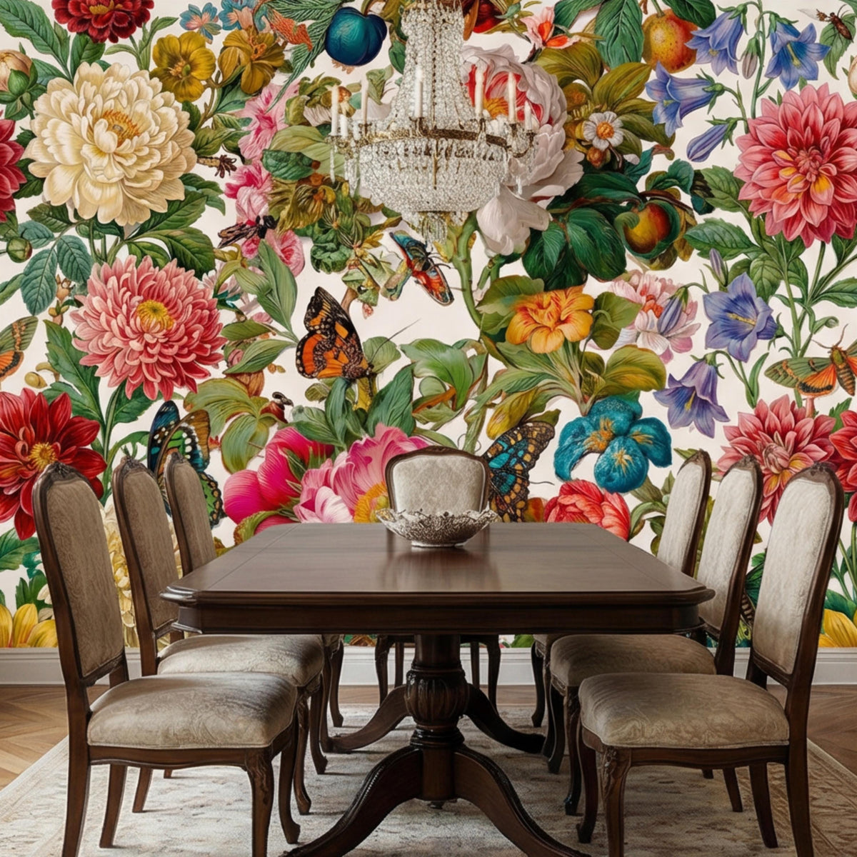 Botanical floral wall mural with butterflies, peonies, and mixed garden flowers