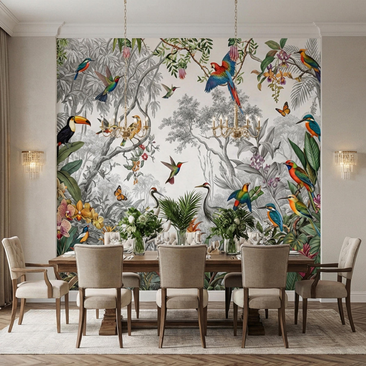Tropical bird wall mural with parrots, toucan, butterflies, orchids, and tree branches