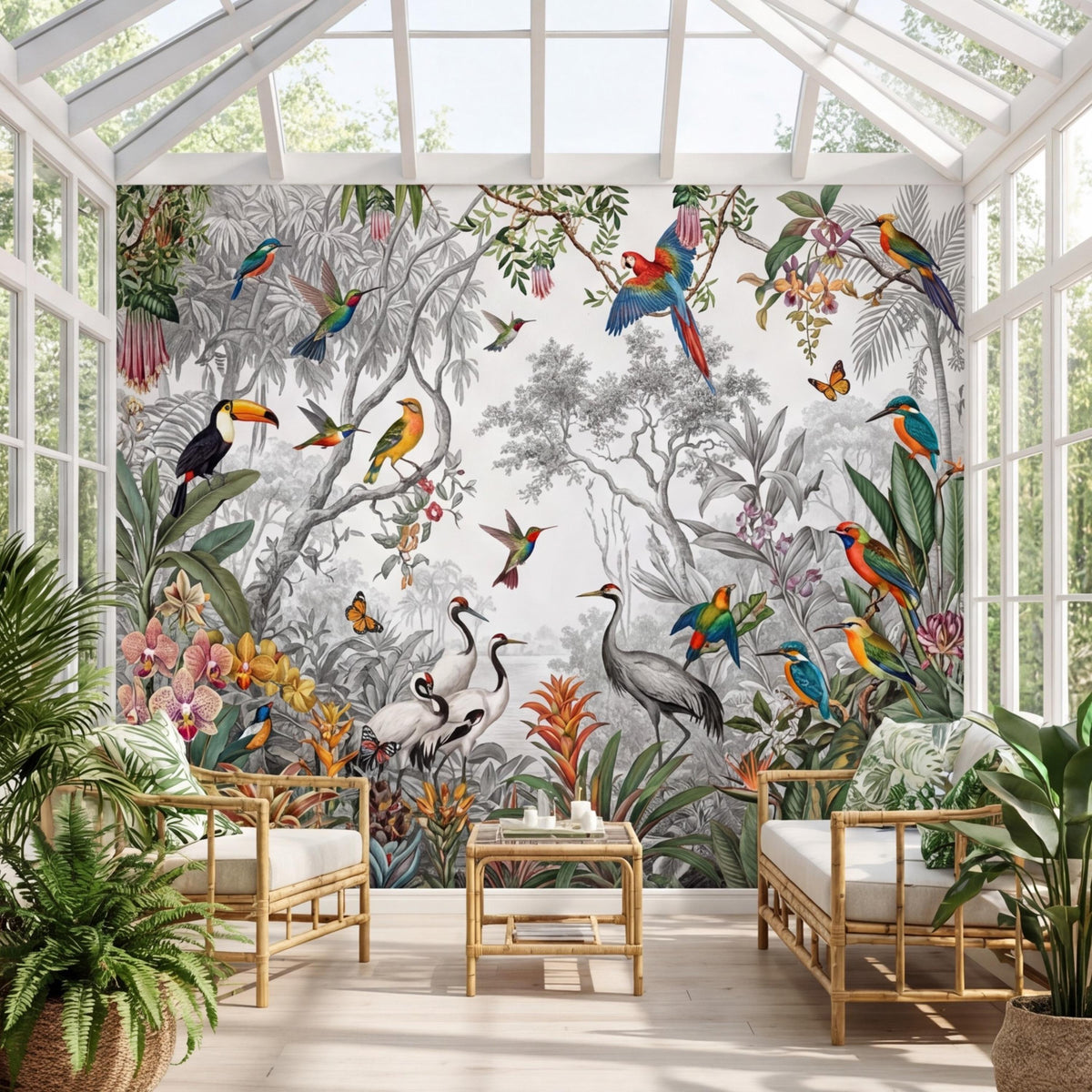 Tropical birds botanical wall mural with parrots, toucan, cranes, orchids, and butterflies