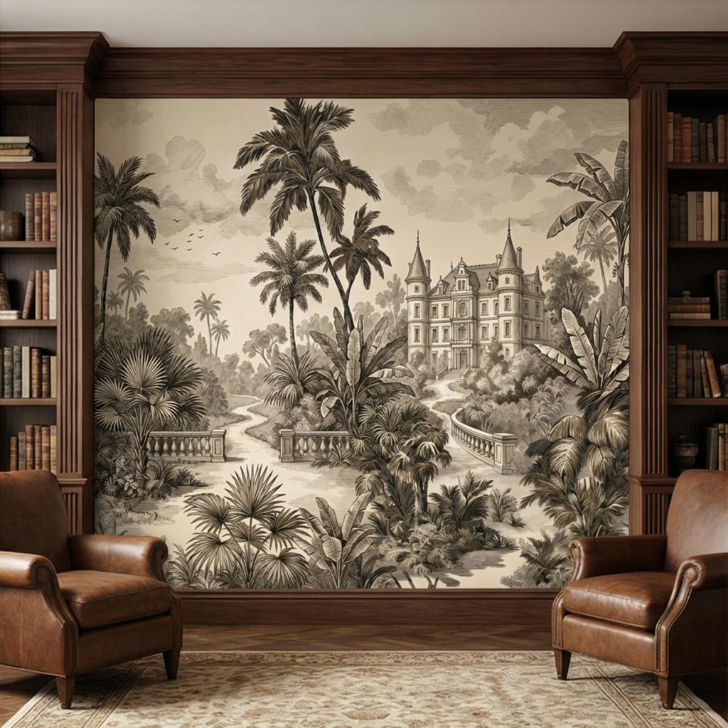 Vintage Tropical Toile Sepia Palm Tree Chateau Landscape Peel and Stick Wall Mural, Neutral Monochrome Illustration Wallpaper