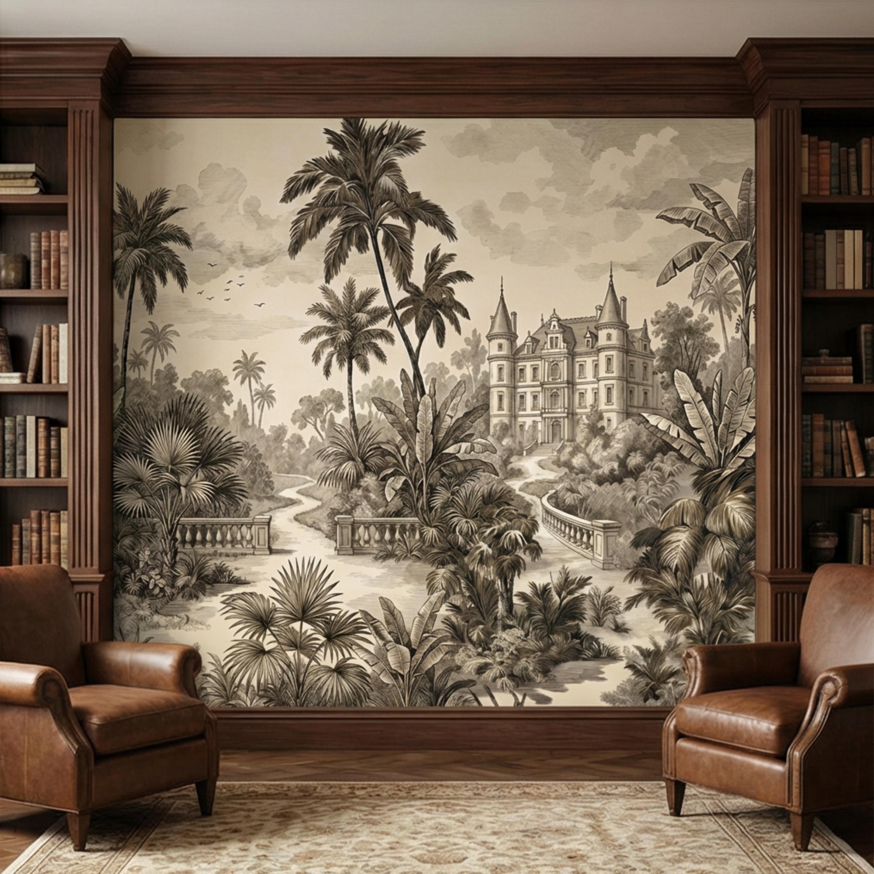 Vintage Tropical Toile Sepia Palm Tree Chateau Landscape Peel and Stick Wall Mural, Neutral Monochrome Illustration Wallpaper
