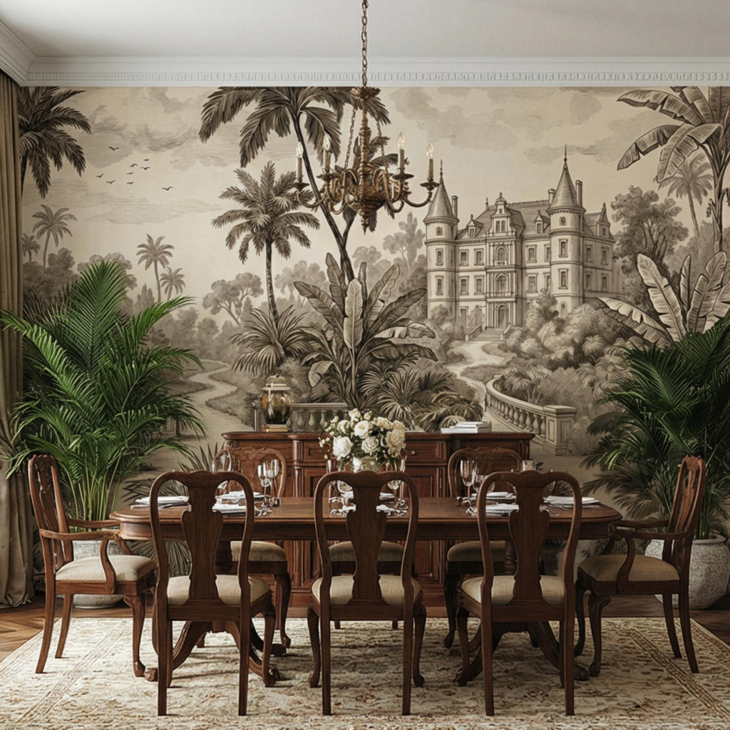 Vintage Tropical Toile Sepia Palm Tree Chateau Landscape Peel and Stick Wall Mural, Neutral Monochrome Illustration Wallpaper