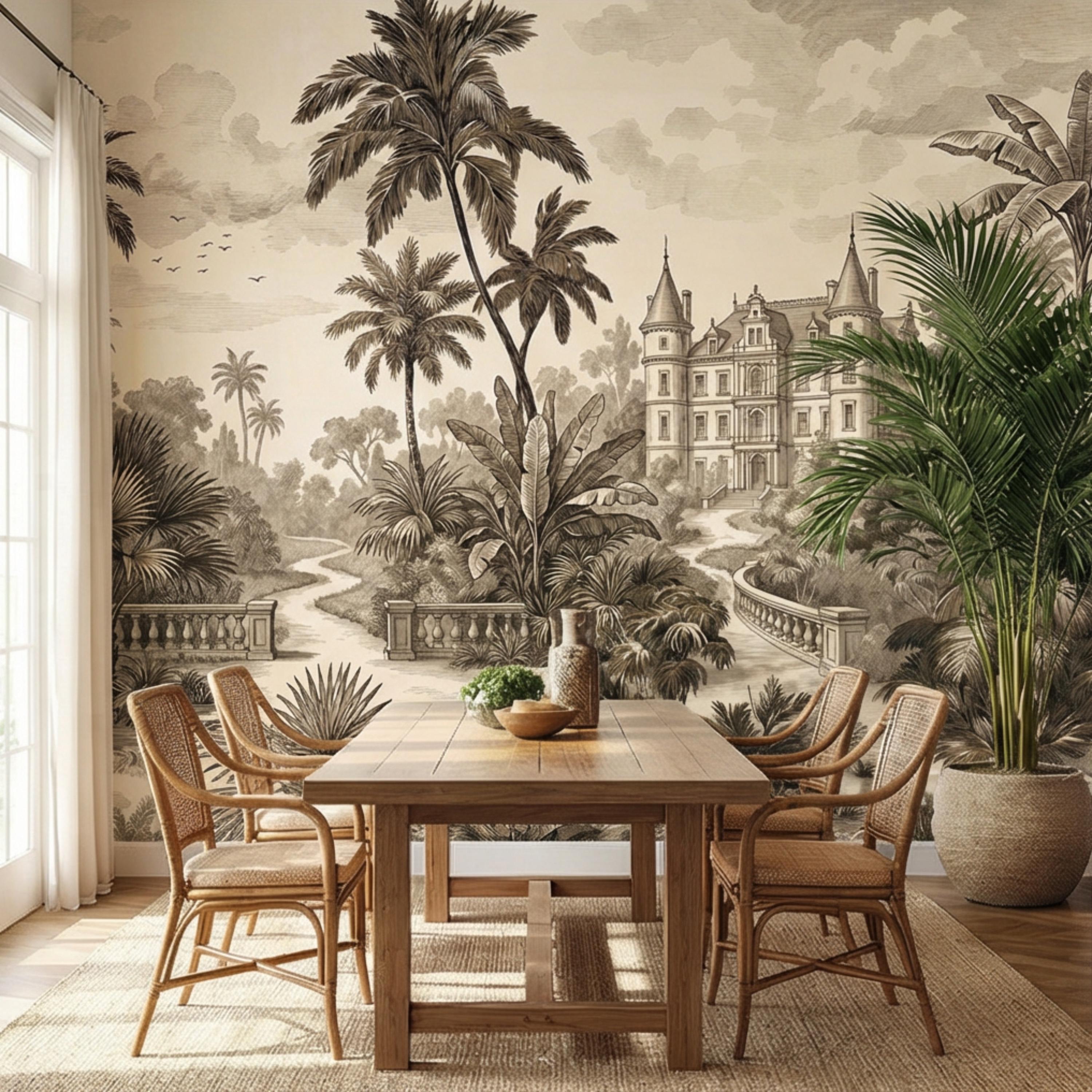 Vintage Tropical Toile Sepia Palm Tree Chateau Landscape Peel and Stick Wall Mural, Neutral Monochrome Illustration Wallpaper
