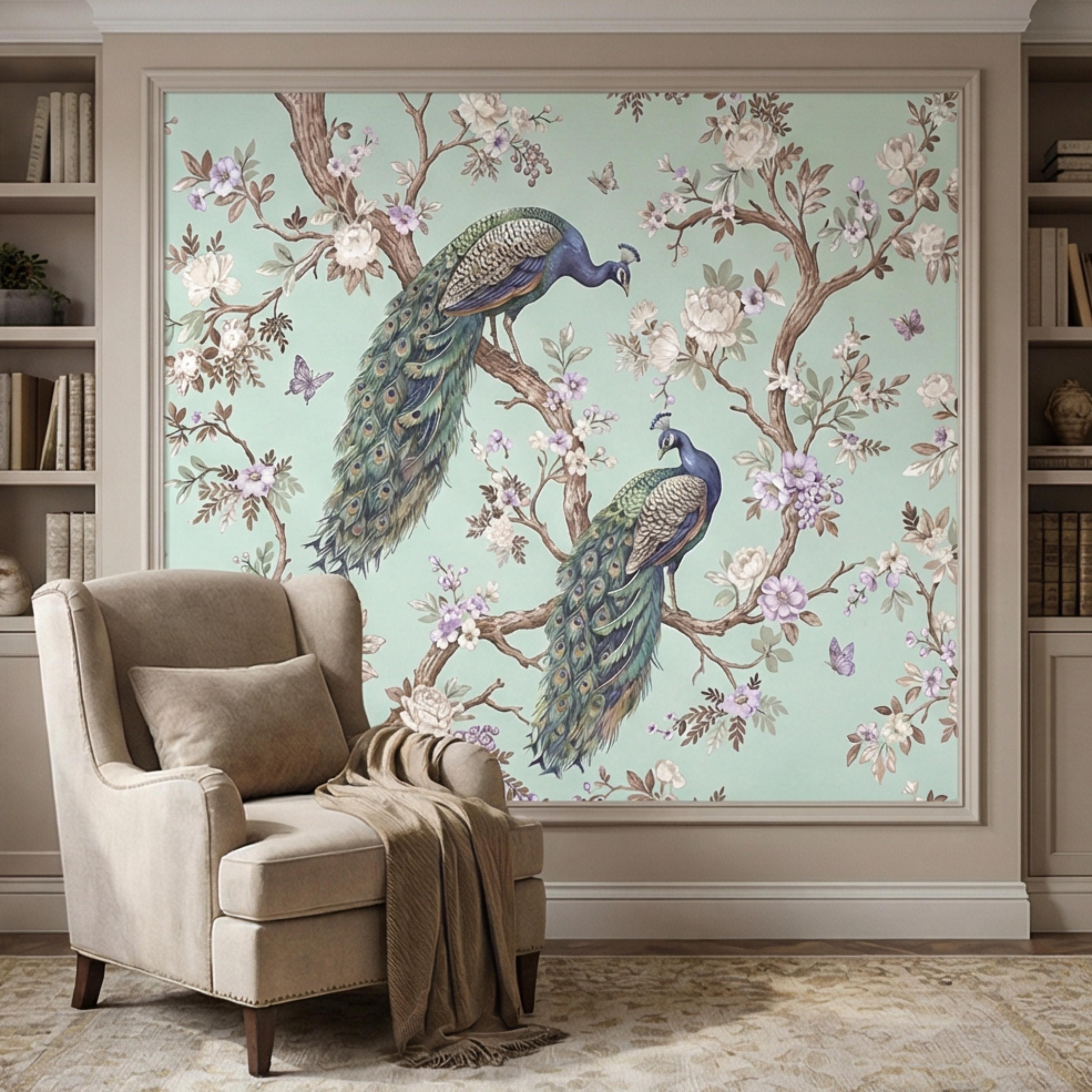 Pastel Mint Chinoiserie Peacock Floral Peel and Stick Wall Mural, Birds on Blossom Branches Elegant Wallpaper