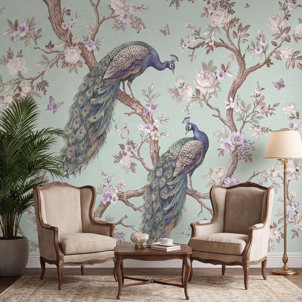 Pastel Mint Chinoiserie Peacock Floral Peel and Stick Wall Mural, Birds on Blossom Branches Elegant Wallpaper