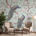 Pastel Mint Chinoiserie Peacock Floral Peel and Stick Wall Mural, Birds on Blossom Branches Elegant Wallpaper